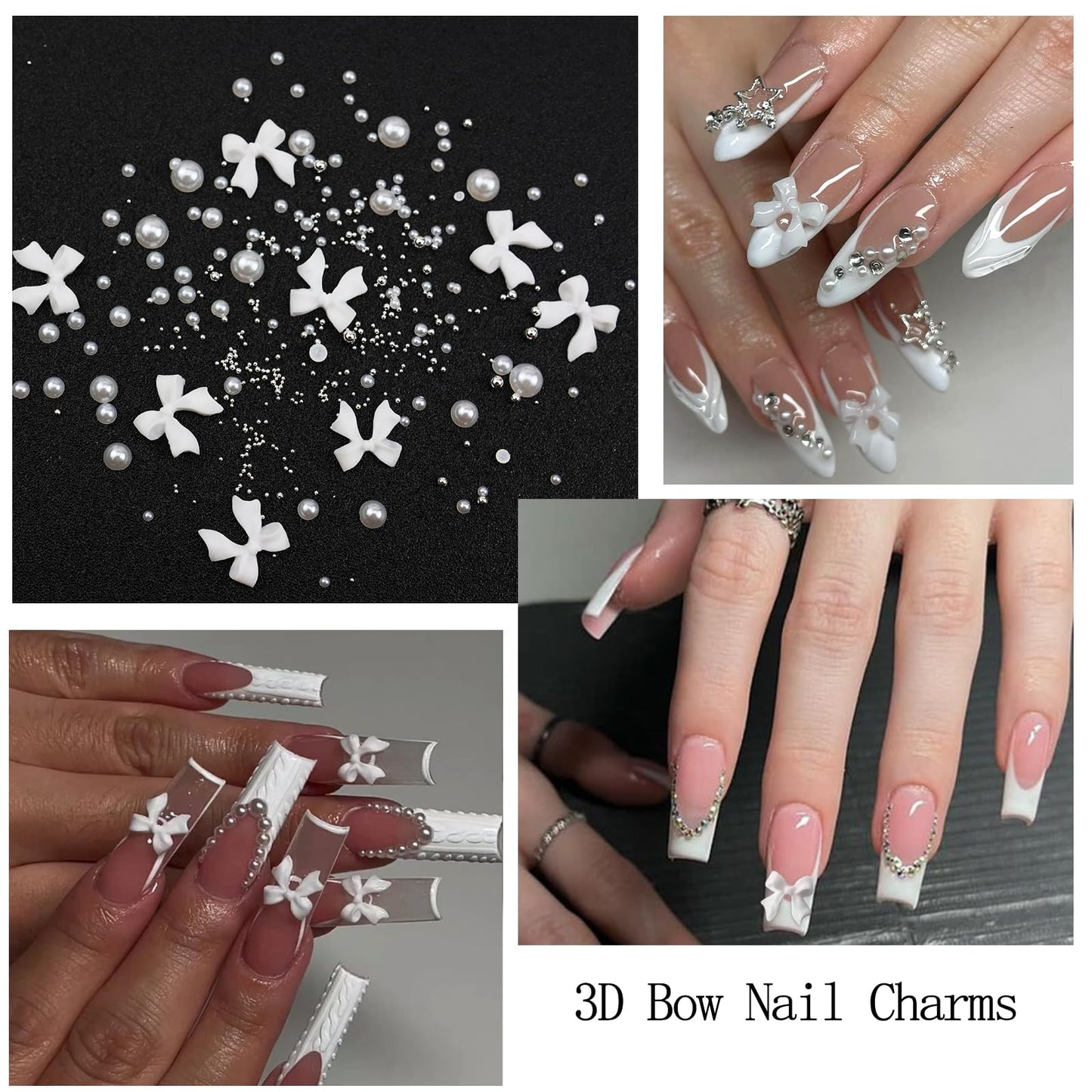 VOTACOS Nail Art Charms White Bow Nail Rhinestones with Nail Glue Gel Flatback Pearls Nail Gems Luxurious Nail Supplies Accessories White Silver Nail Jewelry Pearls for Women Nail DIY Design