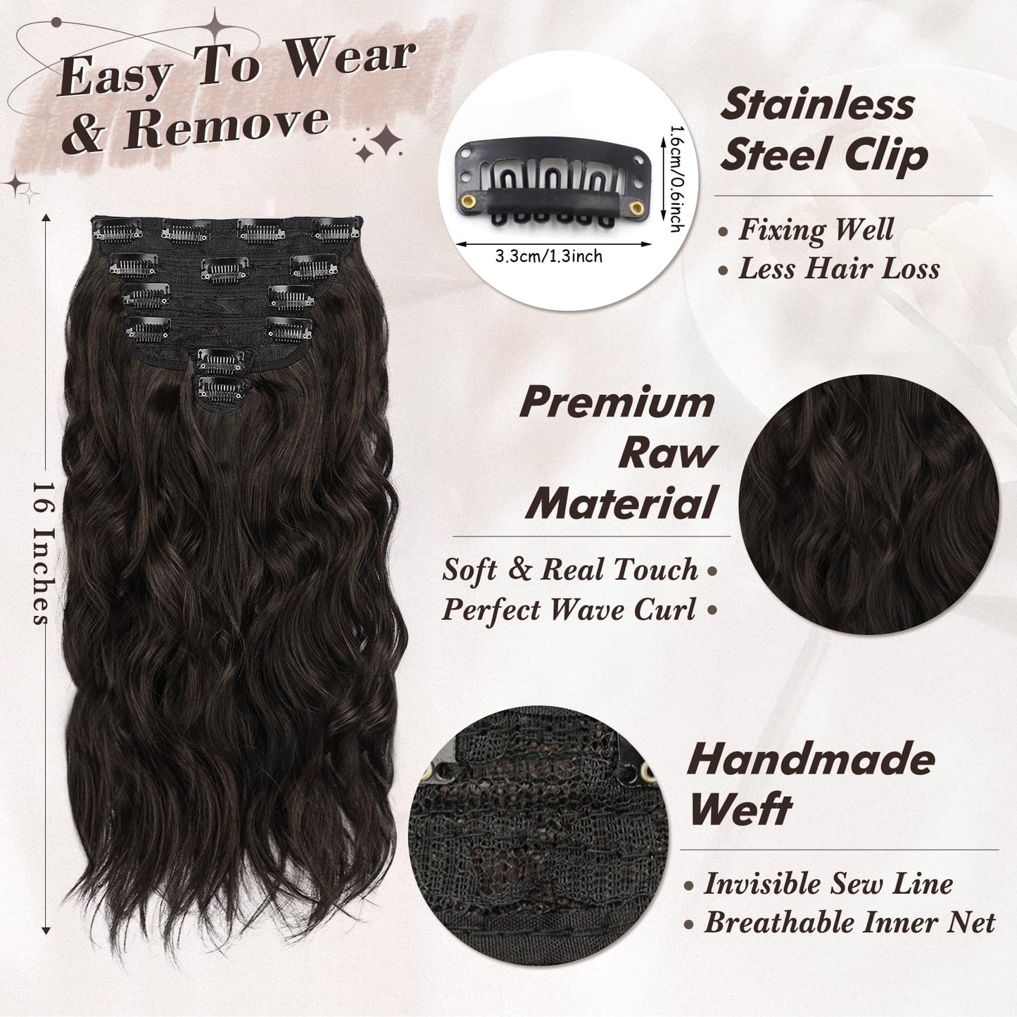 BARSDAR Brown Clip in Hair Extensions - 16 Inch Wavy Clip in Hair Extensions for Women - 6PCs Full Head Thick Soft Synthetic Clip in Hairpieces Daily Party Halloween- Dark Brown