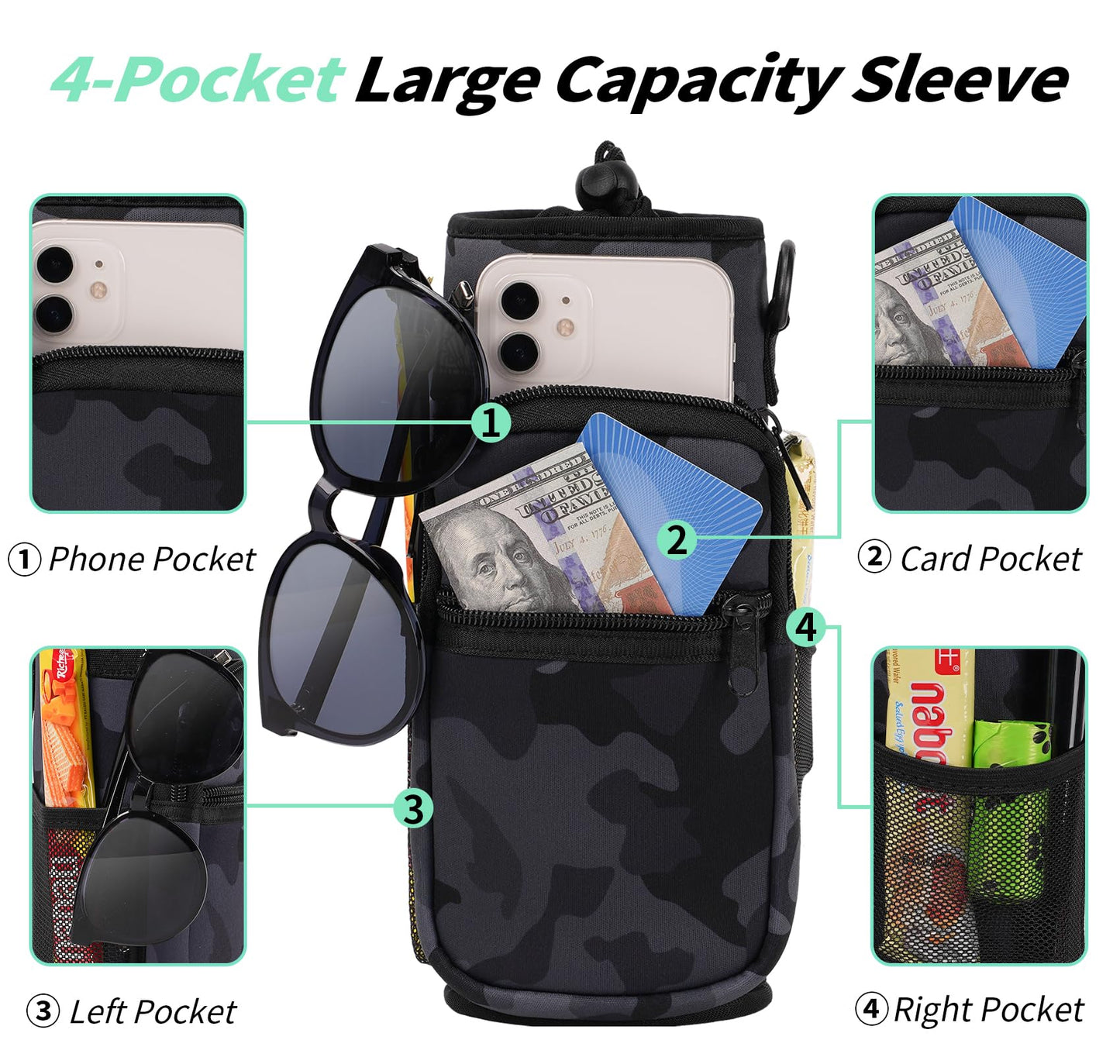 AceTreker Water Bottle Sleeve, 32 oz 40 oz Water Bottle Holder with Strap & Paracord Handle, Neoprene Insulated Carrier Sling Bag with Phone Pocket for Walking Hiking Sport-Gray Camo