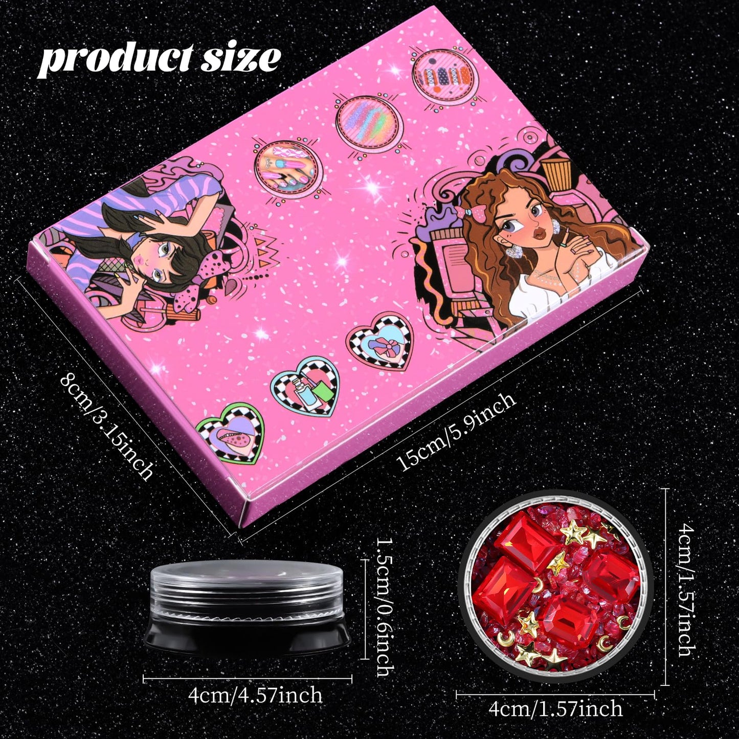 6 Wheels Mixed Sparkle Nail Art Rhinestones Diamonds Crystals Butterfly Beads Artificial Pearls Gold Silver Nail Studs Gems Metal Hollow Rivets Charms (Red)