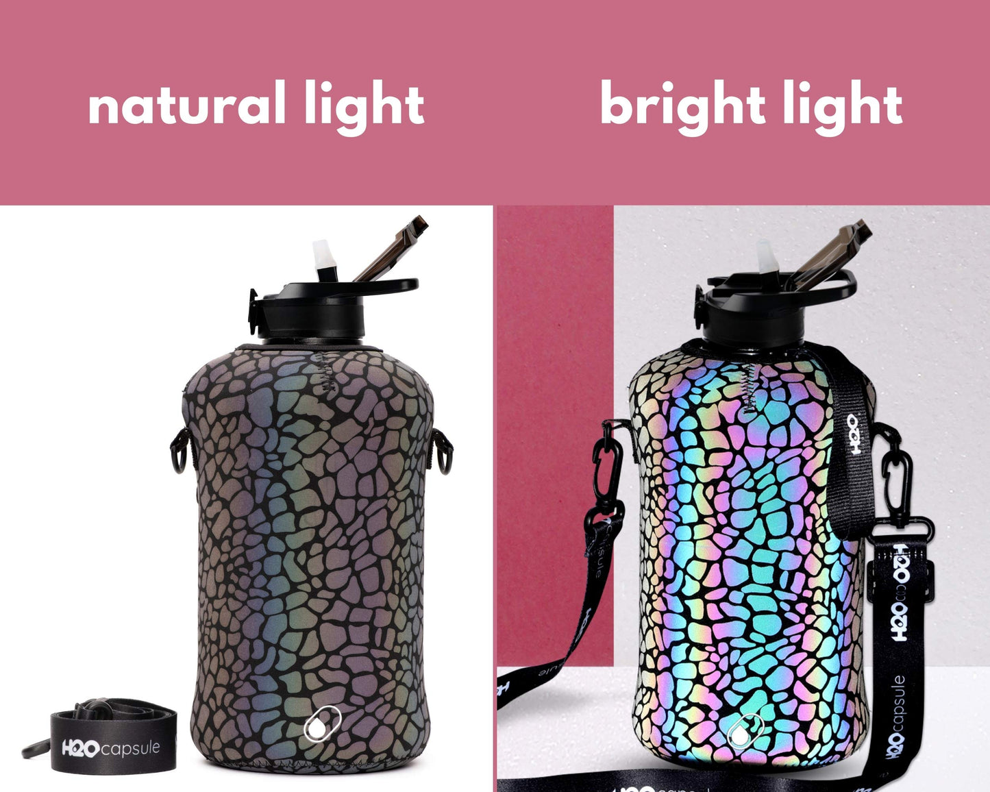 H2O Capsule 2.2L Half Gallon Water Bottle with Storage Sleeve and Covered Straw Lid – BPA Free Large Reusable Drink Container with Handle - Big Sports Jug, 2.2 Liter (74 Ounce) Cheetah Reflex