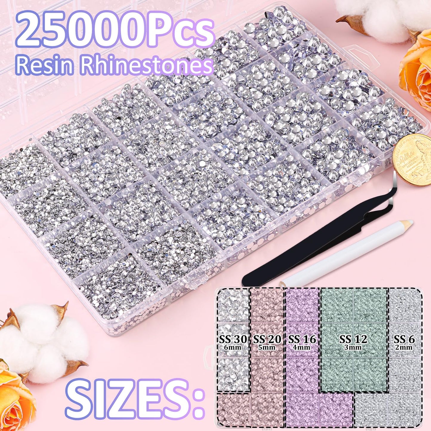 25000Pcs Resin Rhinestones with Tweezers for Crafting, Silver Clear Flatback Gems, Bedazzling Crystal with 3Pcs 10ml B7000 Jewelry Glue for DIY Crafts Clothing Tumblers Shoes Fabric Nail Art