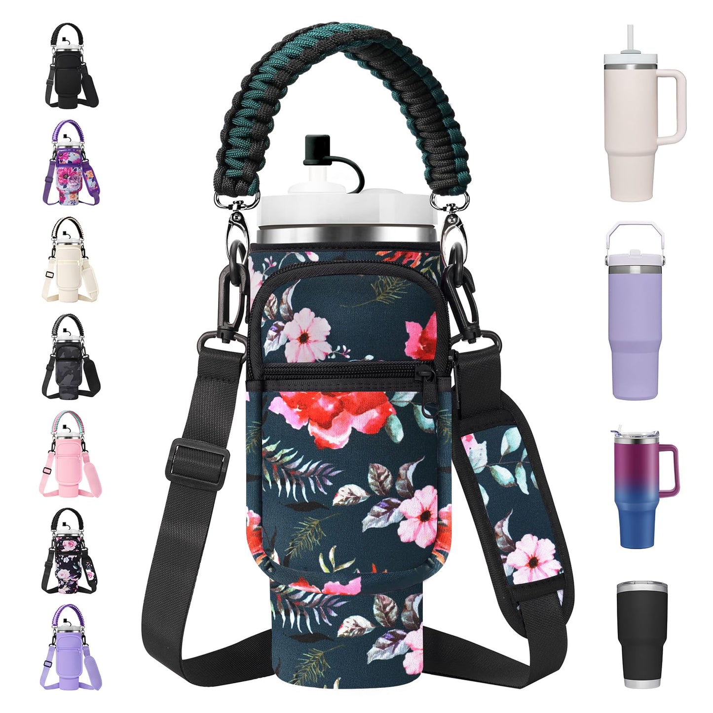 AceTreker 30/40 oz Stanley Cup Holder Bag with Phone Pocket, Neoprene Insulated Simple Modern Travel Mug Sleeve w/Paracord Handle & Straw Cover for Car Gym Walking-Wild Rose