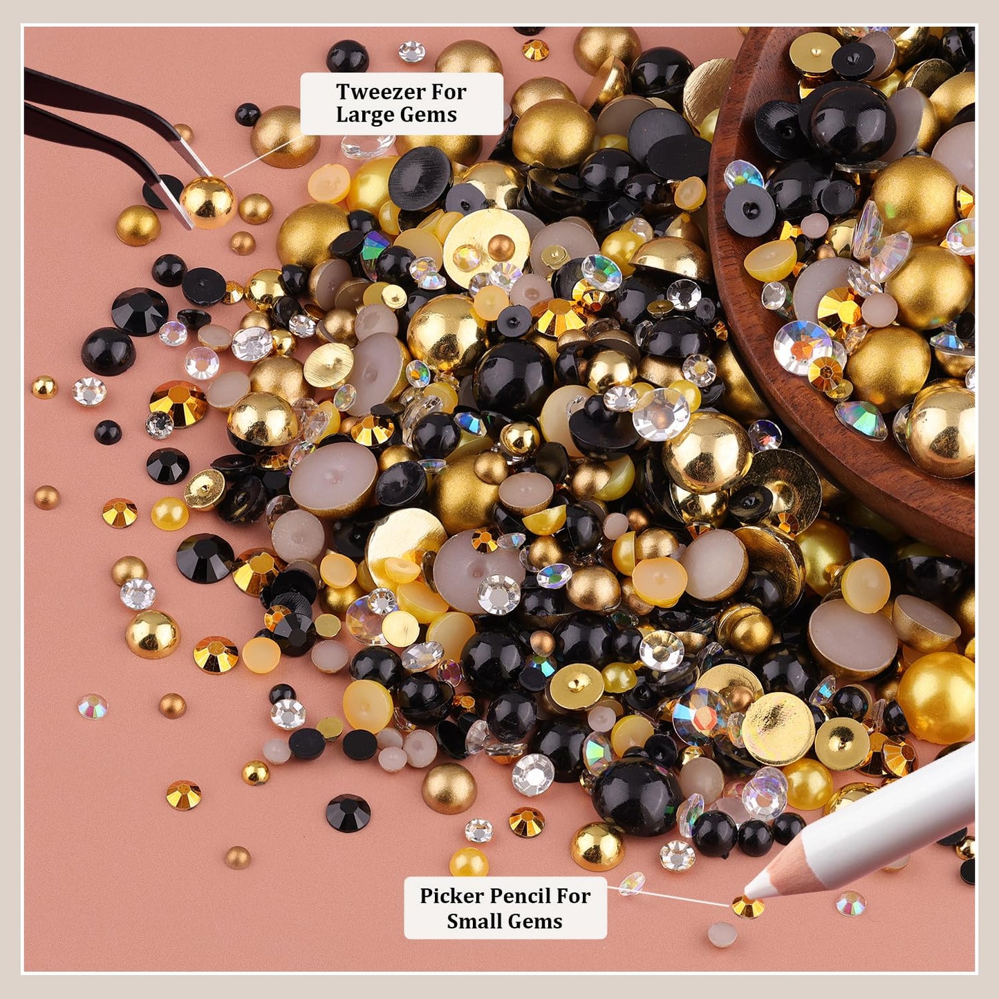 80g Flatback Pearls and Rhinestones for Crafting, Golden Black 3-10mm Resin Rhinestones and Half Pearls for Bedazzling, Nail Art and Dec with 3pcs 10ml B7000 Jewelry Glue, Tweezer and Pickup Pencil