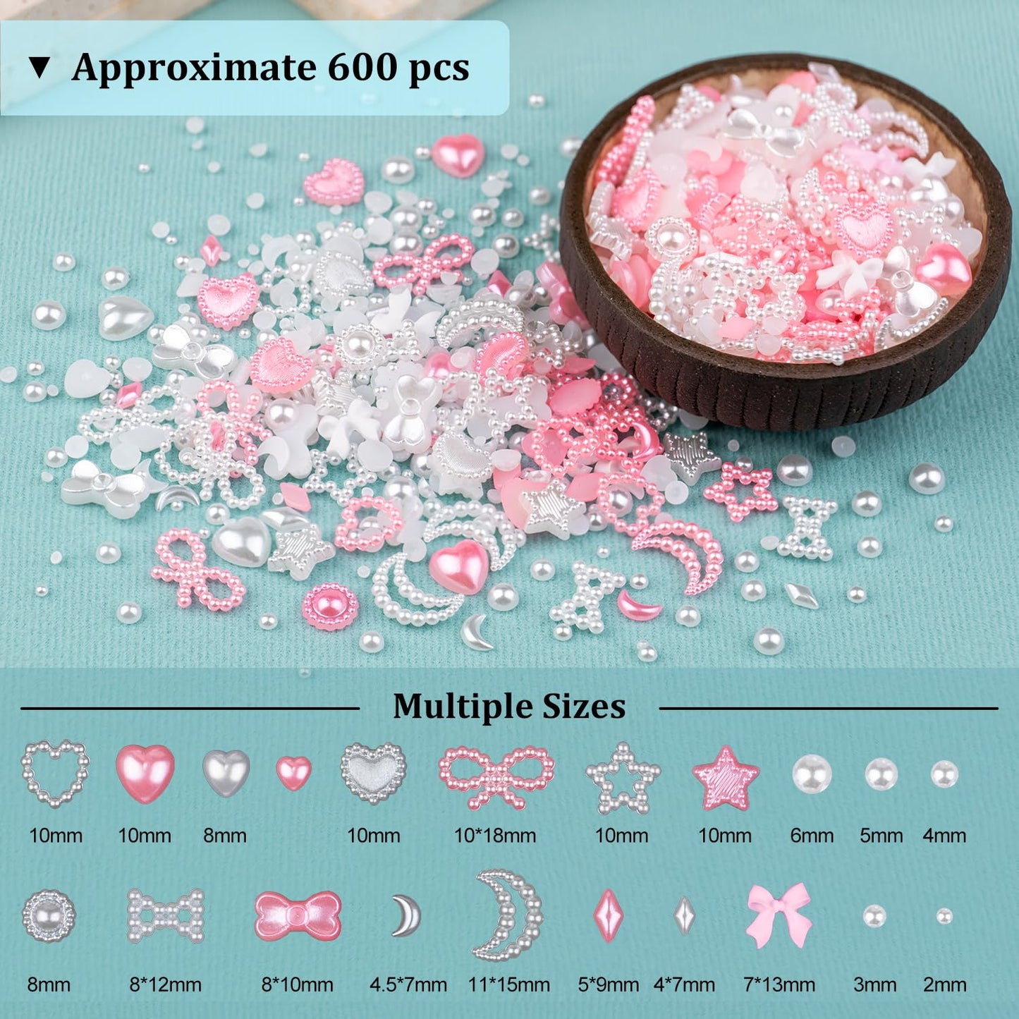 600Pcs 3D Multi Shapes Nail Charms and Flatback Pearls, White&Pink Mix Styles Heart Star Bow Sunflower Embellishments for Nail Art, Craft and Decoration with Tweezer and Pickup Pencil