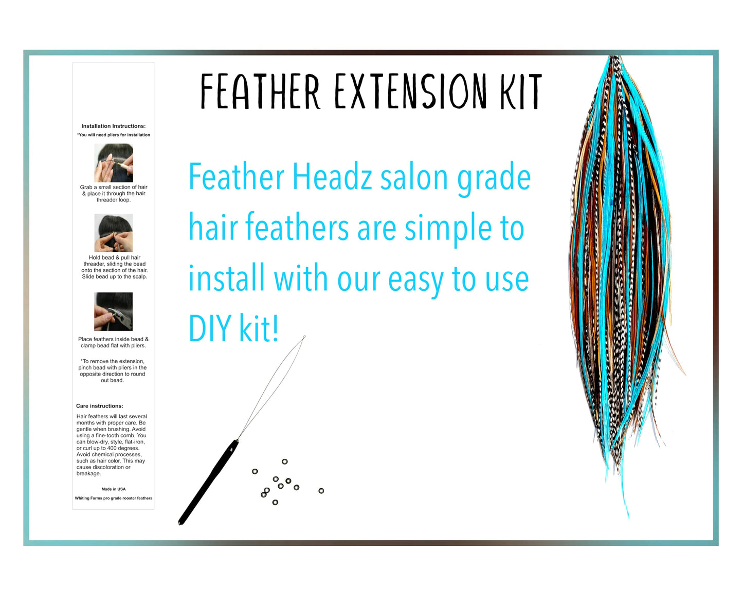 21 Natural & Turquoise Color Hair Feathers - 7”- 12” Long - Feathers for Hair Extension, Rooster Feathers DIY Kit - Eye-Catching Design - 20 Micro-link Beads - 100% Real Rooster Feathers