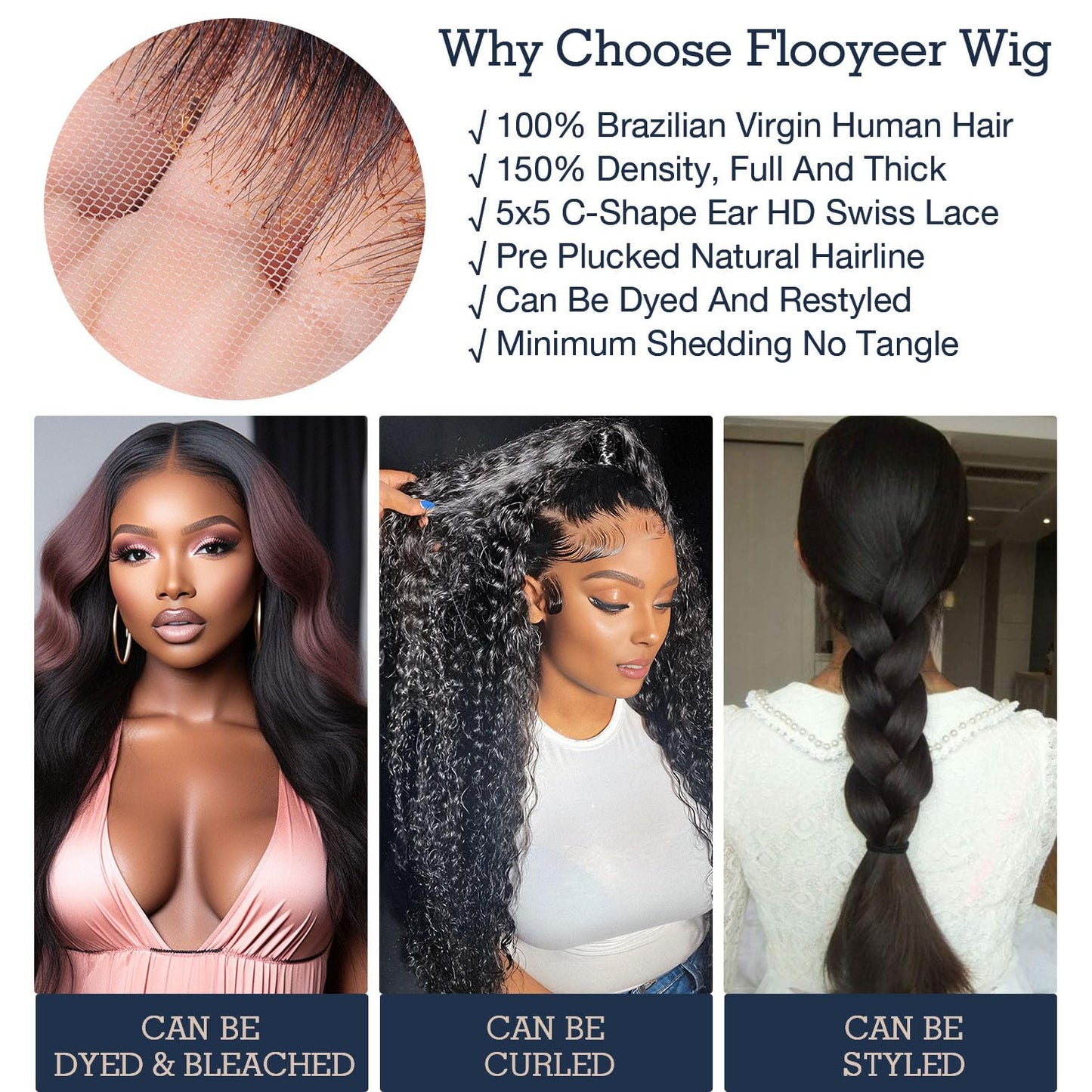 5x5 Real HD Lace Glueless Wigs Human Hair, 150% Density Body Wave Closure Wigs Pre Plucked Invisible Hairline Glueless Brazilian Virgin Human Hair with Bleached Knots 18 Inch