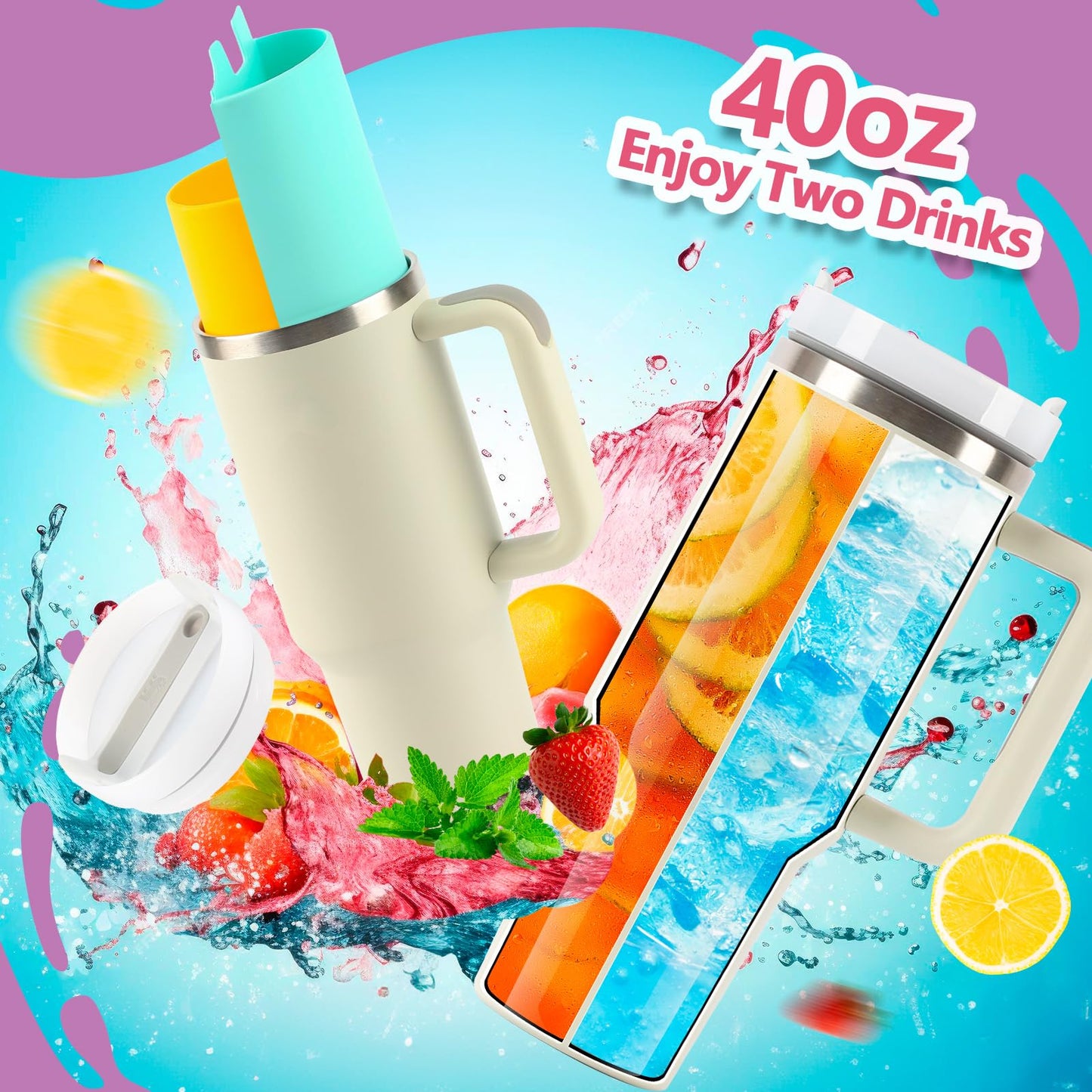 LittleHugs Silicone 2-in-1 Cup for Stanley Cup 40 oz compatible with Stanley Cup Accessories,Double Drinks Bag Fit Stanley Cups Dispense Different Beverages (Cream and Bright Blue)