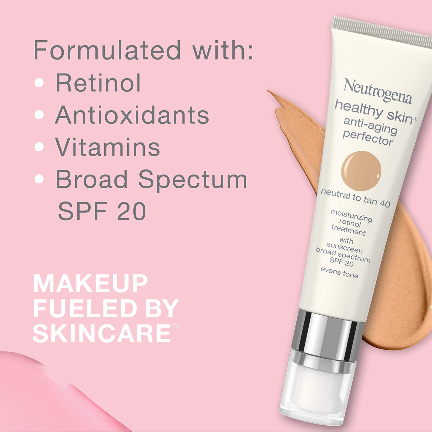 Neutrogena Healthy Skin Anti-Aging Perfector Tinted Facial Moisturizer and Retinol Treatment with Broad Spectrum SPF 20 Sunscreen with Titanium Dioxide, 50 Tan to Medium, 1 fl. oz (Pack of 2)