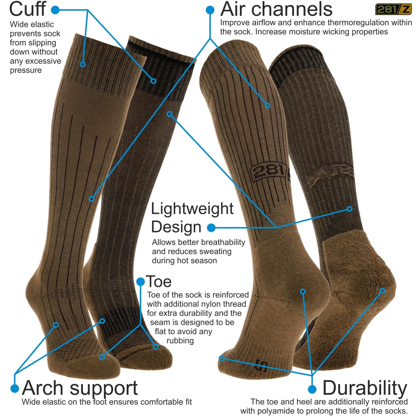 281Z Military Knee High Lightweight Uniform Boot Socks - Tactical Trekking Hiking - Outdoor Athletic Sport (Coyote Brown)(Small 4 Pairs Pack)