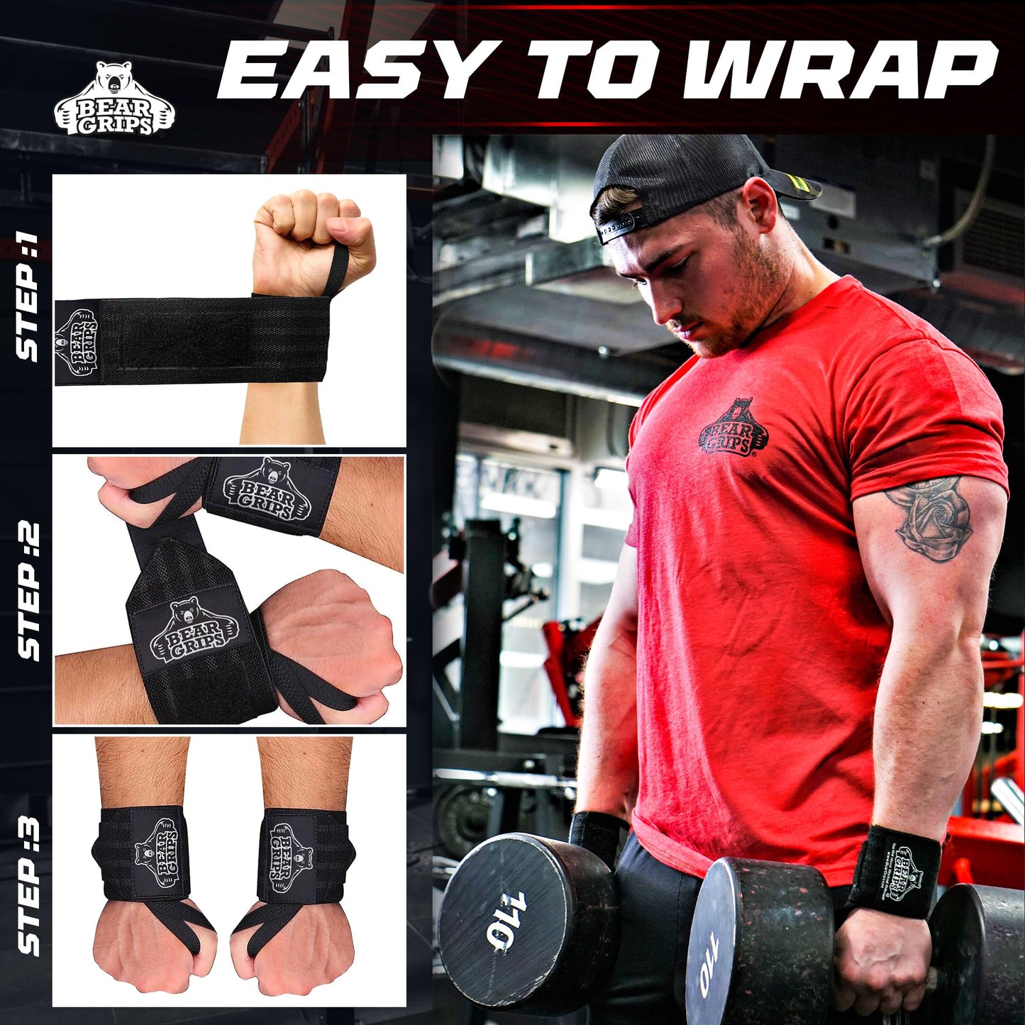 Bear Grips Wrist Wraps for Weightlifting | Weight Lifting Wrist Straps for Weightlifting | Extra Strength Gym Wrist Wraps | Two Wrist Wrap Per Pack | 12β & 18β | Lifting Wrist Wraps for Men & Women