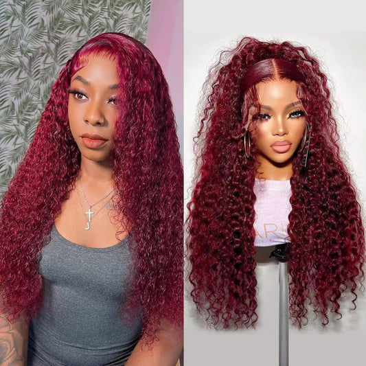 99j Burgundy 13x5 Deep Wave HD Lace Front Wigs Human Hair Pre Plucked Colored Curly Human Hair Wig Glueless Deep Curly Lace Frontal Wigs Red Human Hair Wigs for Women 180% Density (24 Inch)