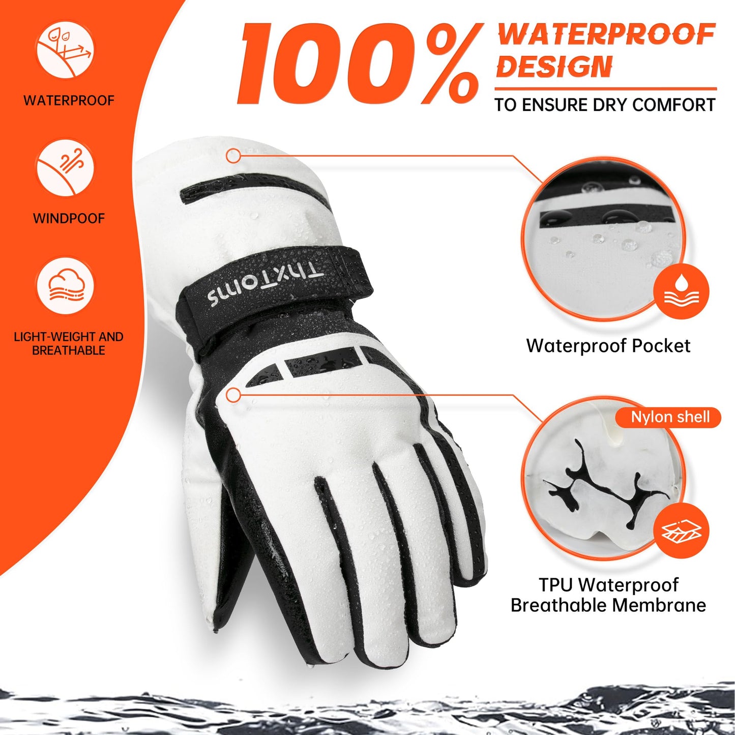 ThxToms Ski Gloves, Waterproof Winter Gloves for Men Women, 3M Thinsulate Warm Gloves, Unisex Touchscreen Snowboarding Gloves, Medium, White