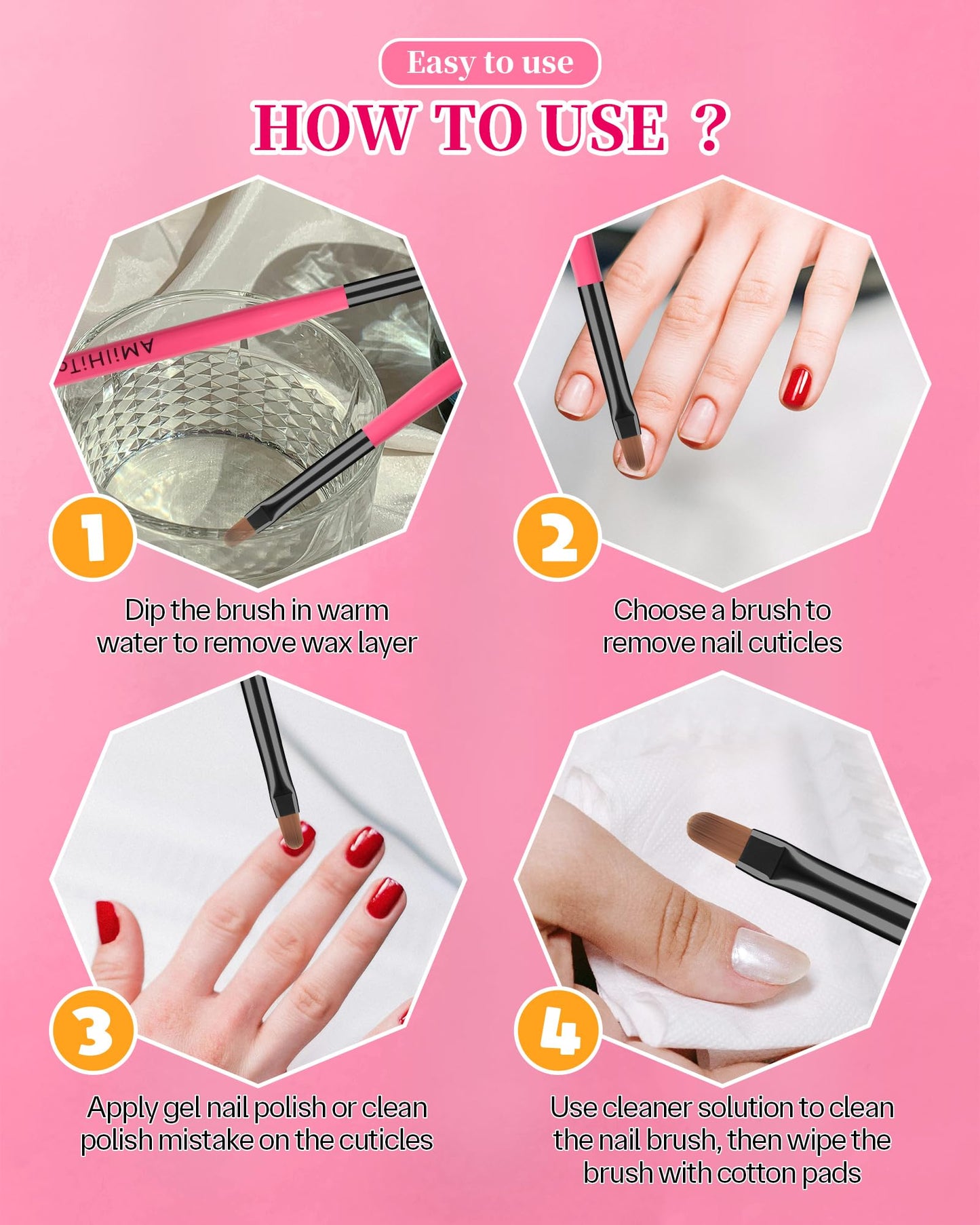 3PCS for OPI Nail Polish Remover Brush, AMilHiTon Nails Clean Up Brushes, Round/Angled/flat Acetone Resistant Nail Art Designs, and Tidying Up Polish Mishaps on Cuticles(Rose Red)
