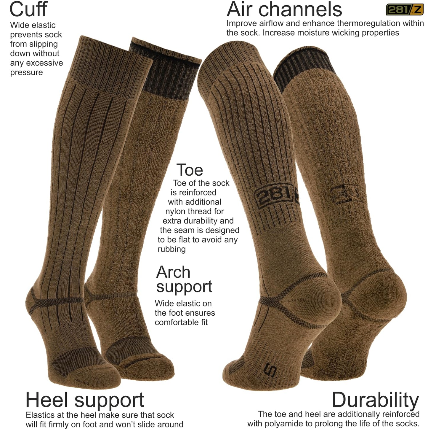 281Z Military Demi Season Breathable Knee High Cushioned Uniform Boot Socks - Tactical Trekking Hiking - Outdoor Fishing Hunting (Coyote Brown)(Large 4 Pairs Pack)