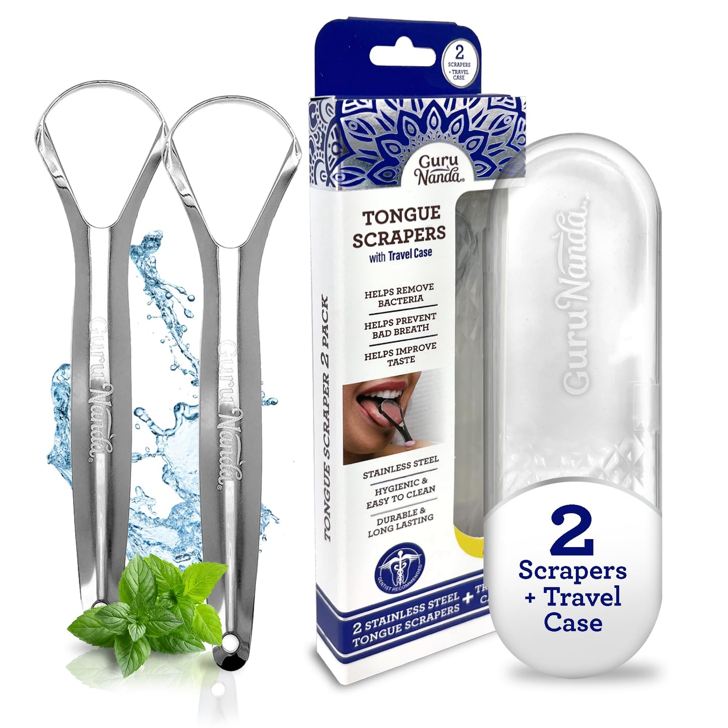 GuruNanda Coconut Oil Pulling with 7 Essential Oils & Tongue Scraper for Adults (2 Pack) with Travel Case, 420 Medical-grade 100% Stainless Steel Tongue Cleaner, Aids in Fresh Breath & Oral Care