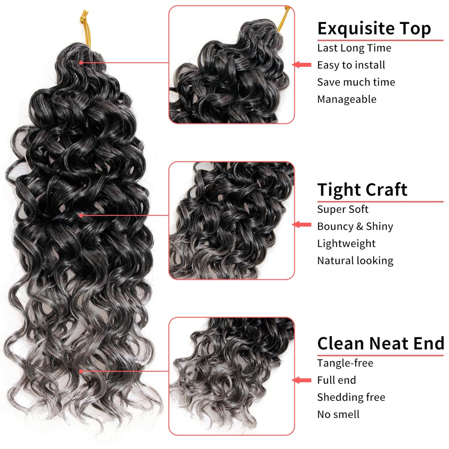 GoGo Curl Crochet Hair Water Wave Curly Crochet hair for Women Grey Synthetic Bohemian Crochet Braid Deep Wave Braiding Hair Extensions (12 inch(Pack of 6), T1B/Grey)