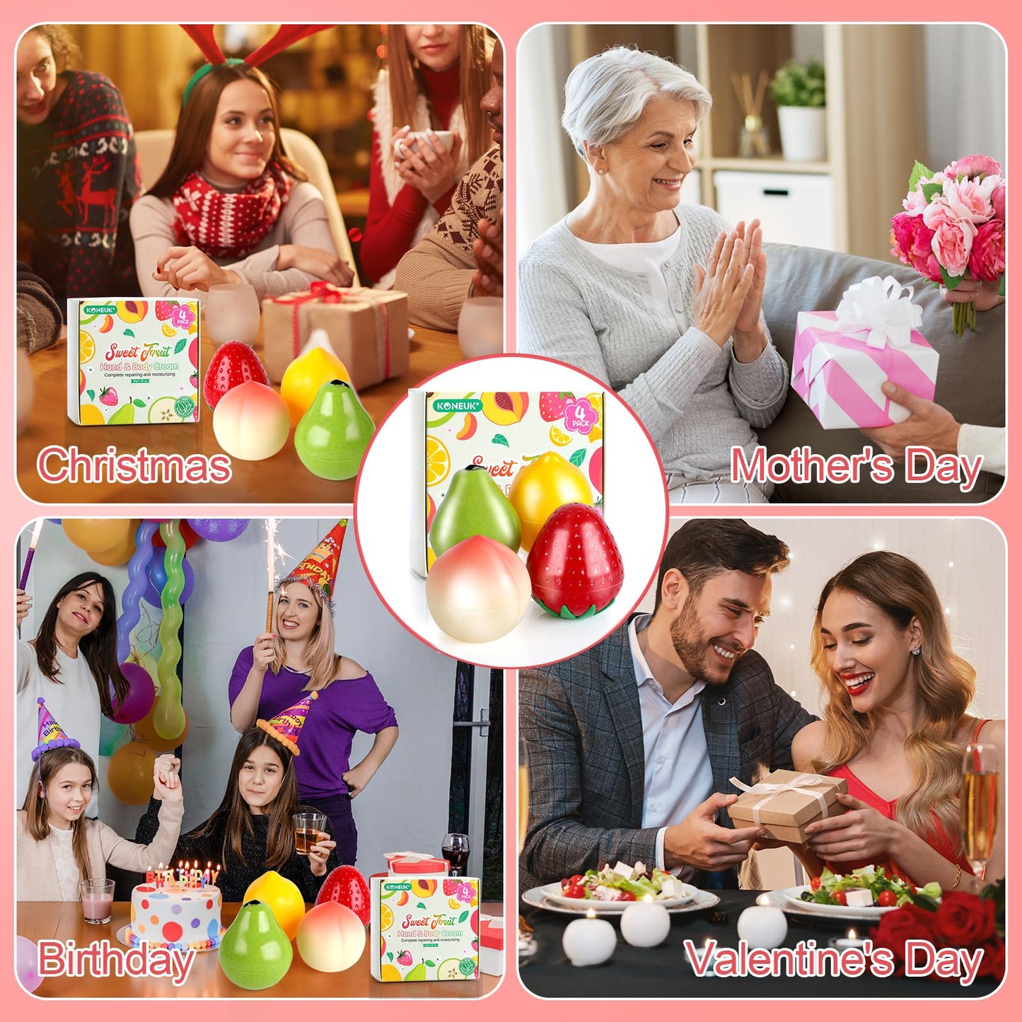 4 Pack Hand Cream Gifts Set For Women, Easter Basket Stuffers, Hand Lotion for Dry Cracked Hands, Mothers Day Gifts for Mom and Teacher Appreciation Gifts, 1.06 Oz (Strawberry, Pear, Lemon, Peach)