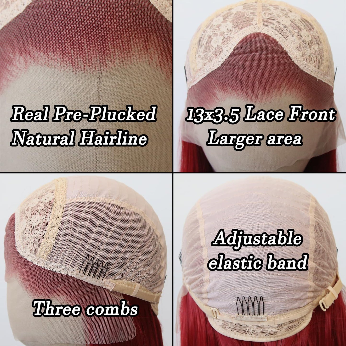 BTWTRY Red Synthetic Lace Front Wig Long Straight Dark Red Lace Front Synthetic Wig Pre Plucked Natural Hairline Glueless Heat Resistant Fiber Hair Wig for Fashion Women (Red)