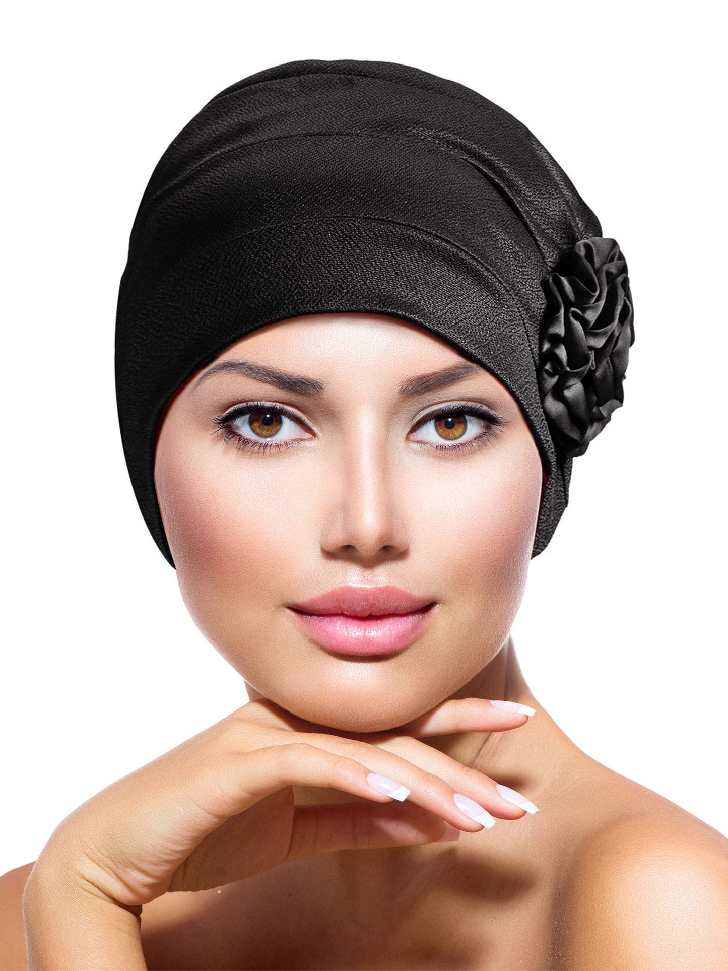 4 Pieces African Head Wrap Flower Turban Hats for Women (Khaki, Black, Wine Red, Navy Blue)
