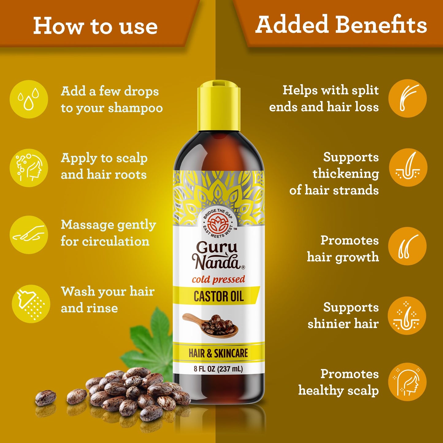 GuruNanda Castor Oil (8 Fl oz), 100% Pure, Cold Pressed & Hexane-Free, Hydrating Carrier Oil, Natural Castor Oil for Hair, Eyebrows & Eyelashes Growth