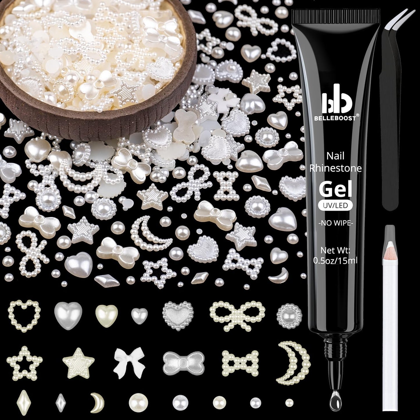 600Pcs 3D Multi Shapes Nail Charms and Flatback Pearls, White&Beige Mix Styles Heart Star Bow Sunflower Embellishments for Nail Art, Craft and Decoration with Glue Gel, Tweezer and Pickup Pencil