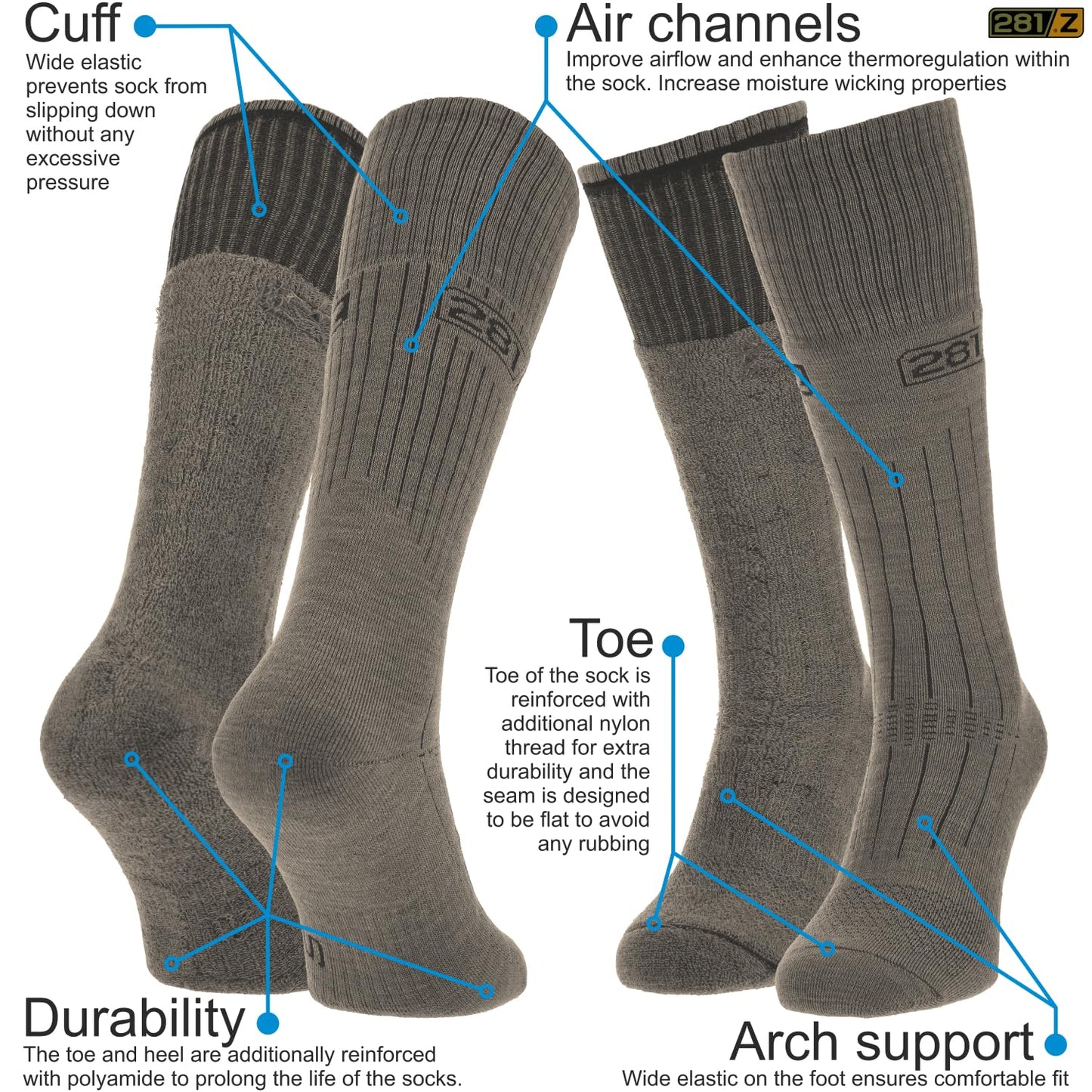 281Z Military Winter Cushioned Mid-Calf Wool Boot Socks - Tactical Trekking Hiking Outdoor Hunting (Olive Drab, Large 4 Pairs Pack)