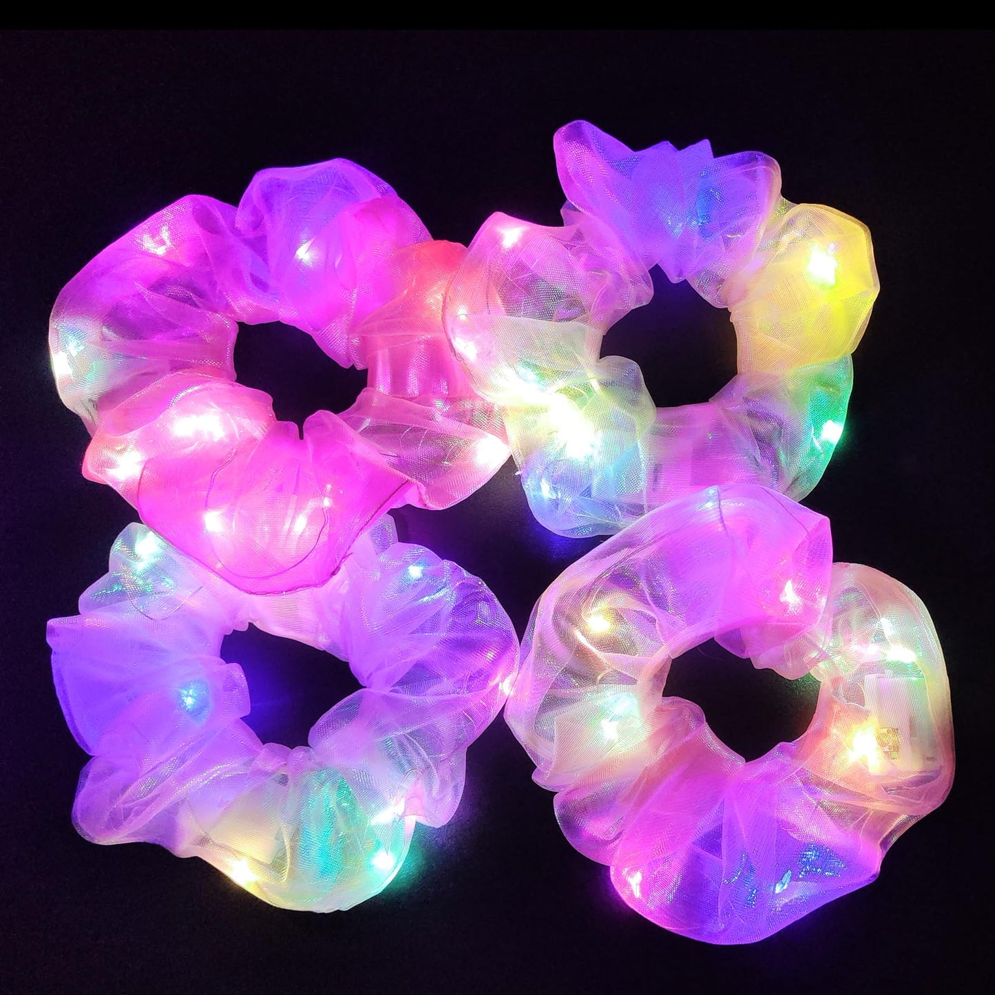 4Pcs Light Up Scrunchies Hair Tie, Pink LED Scrunchy Rave Hair Accessories for Women & Girls, Glow in the Dark Party Supplies Sleepover Party Favor Festival Accessory for Easter Basket Stuffers