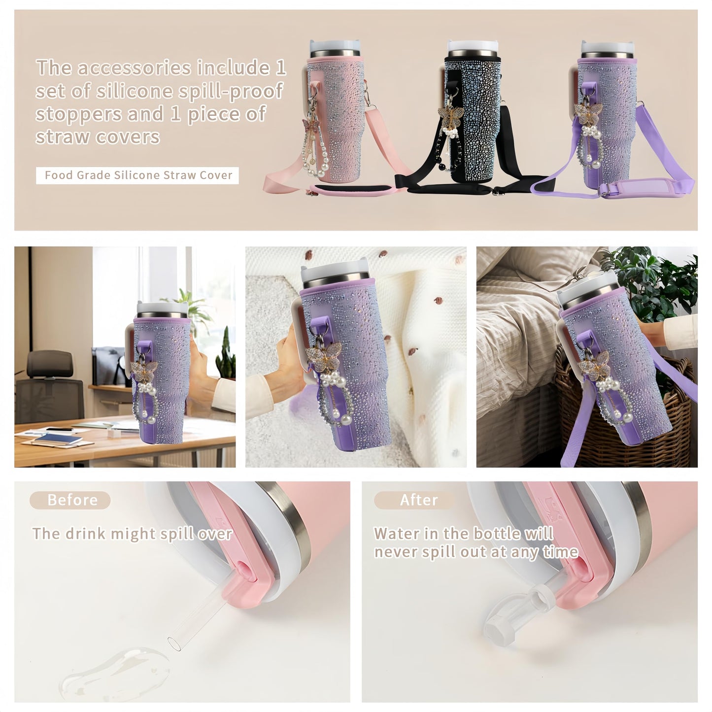 Water Bottle Carrier Bag for Stanley 40oz Tumbler - Stanley Cup Belt Bag with Adjustable Strap, Straw Cover & Pearl Bracelet - Stanley Cup Accessories(Purple Diamond Pro)