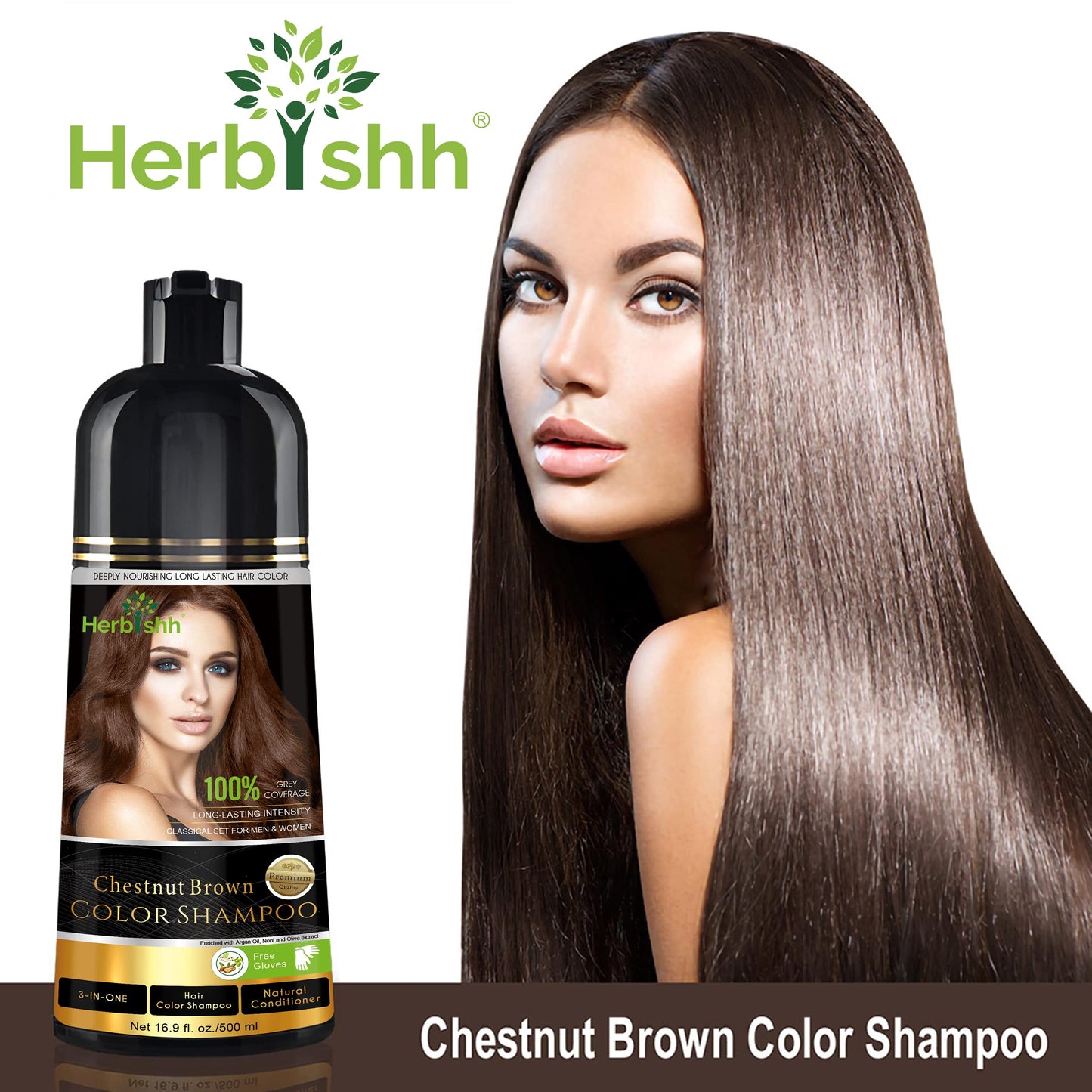 Hair Color Shampoo for Gray Hair – Magic Hair Dye Shampoo – Colors Hair in Minutes–Long Lasting–500 Ml–3-In-1 Hair Color–Ammonia-Free | Herbishh (Chestnut Brown)