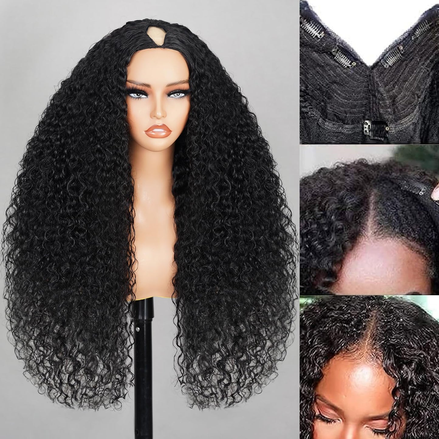 MEGALOOK V Part Wig Human Hair 12A Deep Curly Wig Human Hair 200% Density Half Wigs for Women Glueless U Part Wig with Clip Beginner Friendly No Sew In No Glue 18 Inch