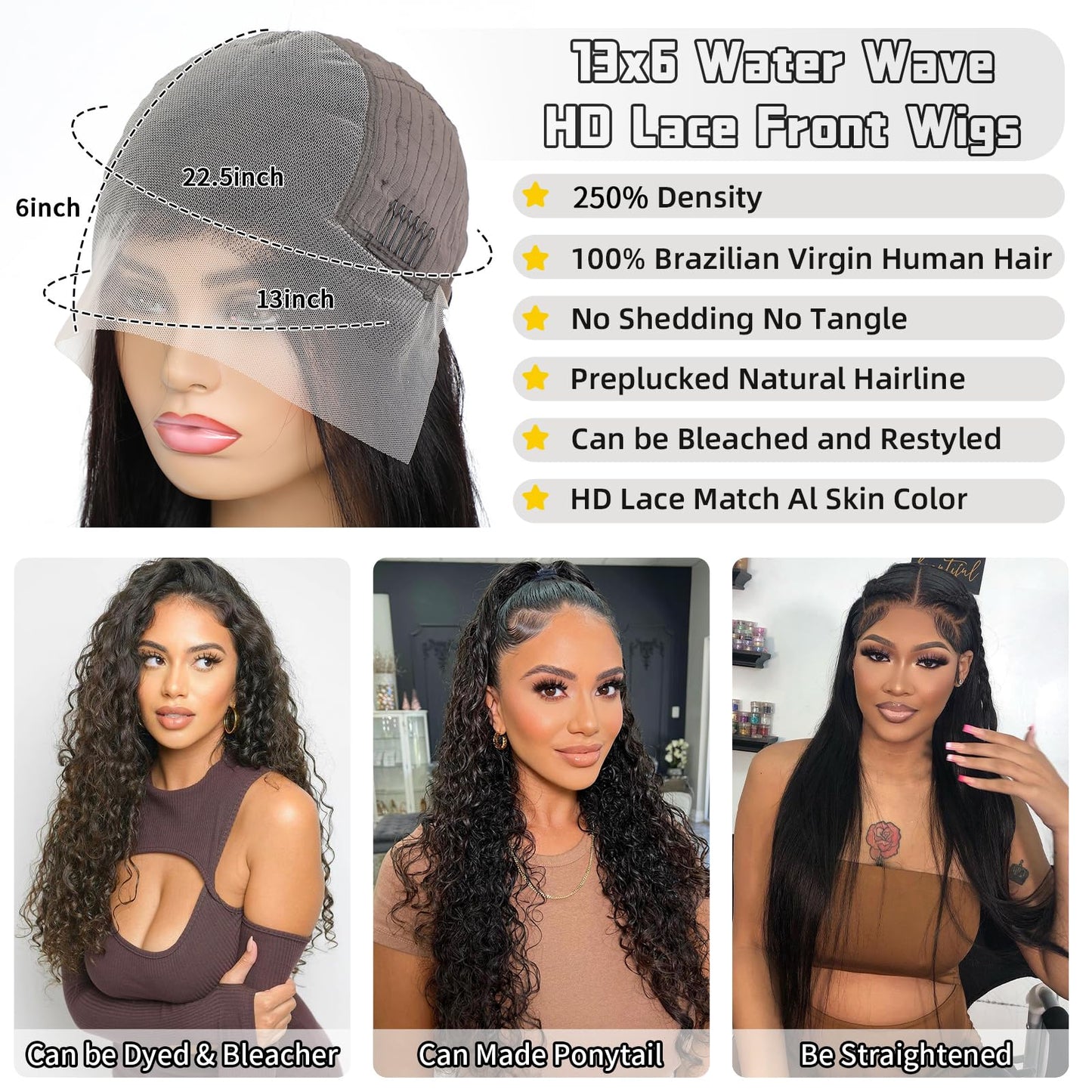 13x6 Water Wave Lace Front Wigs Human Hair Wigs 10A 250 Density HD Transparent Wet and Wavy Lace Front Wigs Human Hair Glueless Deep Curly Lace Frontal Wigs Human Hair Pre Plucked for Women (22 Inch)