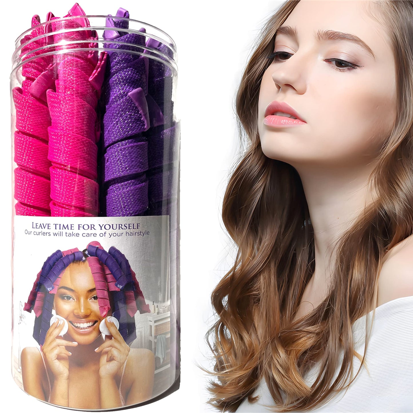 50pcs Heatless Spiral Hair Curlers, 22-Inch Spiral Curlers With 6 Styling Hooks for Long Hair (Purple-Rose Red)