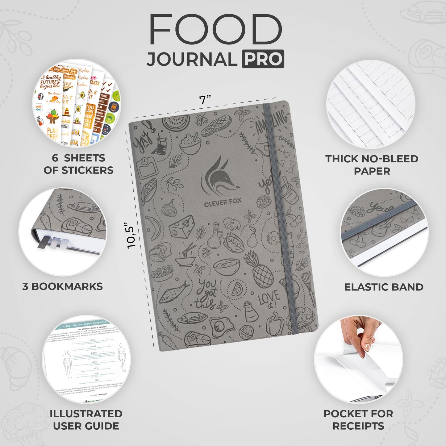 Clever Fox Food Journal Pro – Diet & Wellness Planner for Women & Men – Weight Loss Diary with Calorie Tracker – Food Log for Tracking Meals, Exercise & Weightloss - Undated, 7" x 10" Gray
