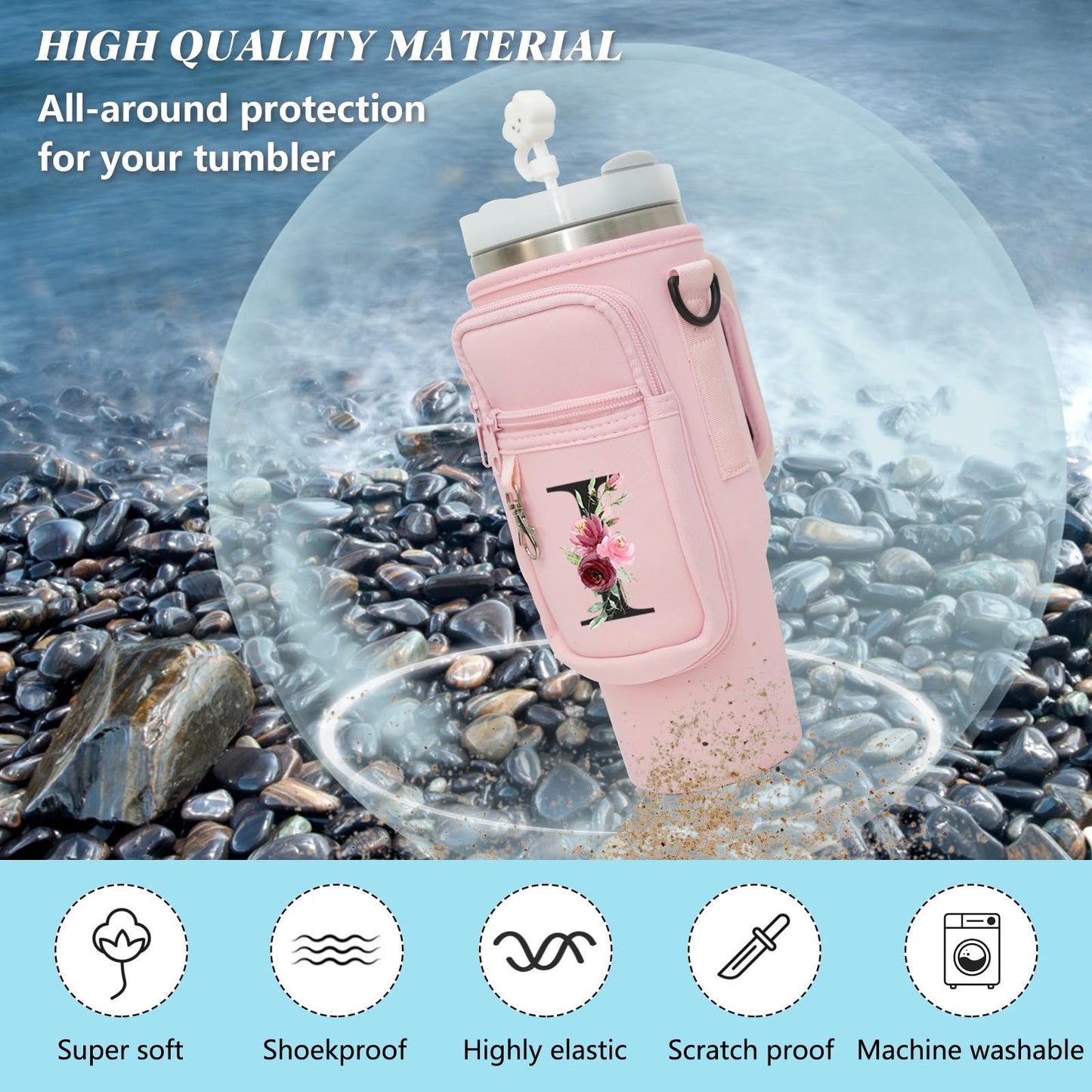 Sunegg Initial Water Bottle Carrier Bag for Stanley 40 oz Tumbler with Handle, Water Bottle Holder Pouch with Phone Pocket, Straw Cover & Carabiner, Nice Accessories for Stanley Cup(Pink S)