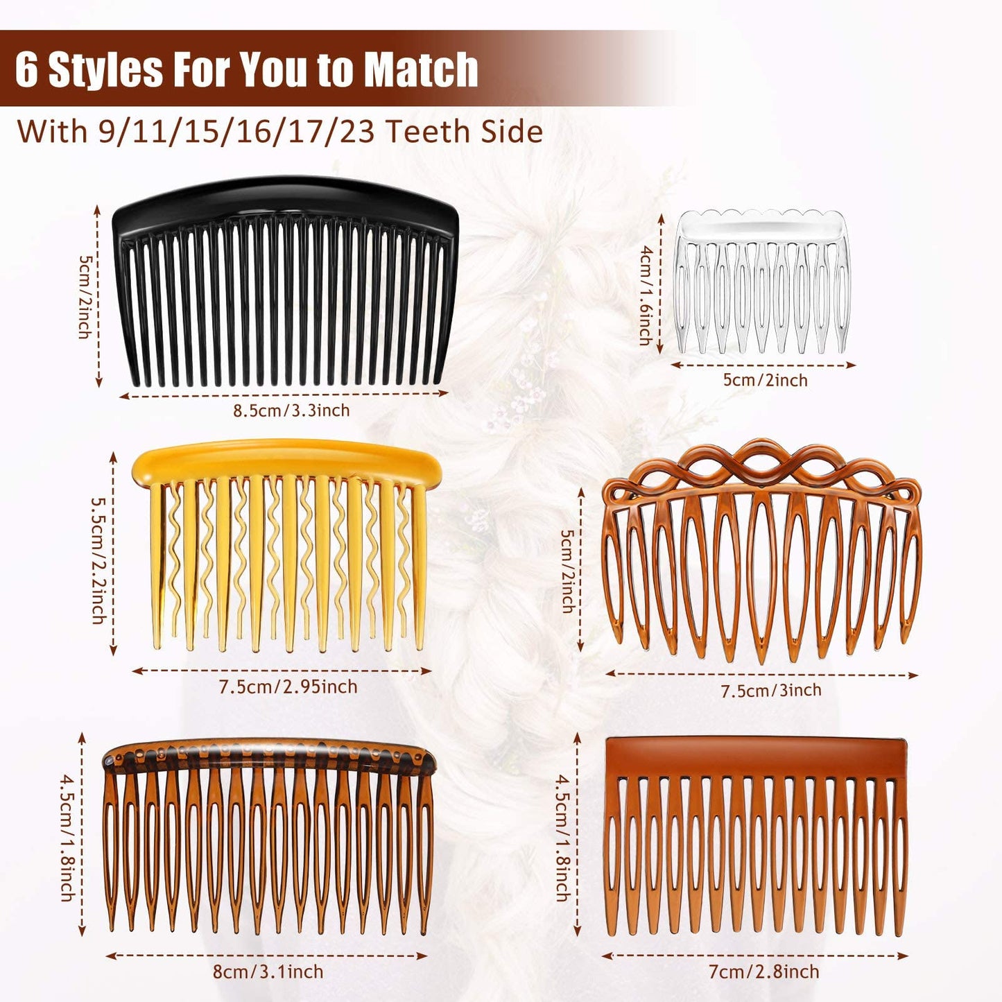 24 Pieces French Hair Side Combs Set Plastic Twist Comb Hair Clip Accessories for Women(9/11/15/16/17/23 Teeth Side)