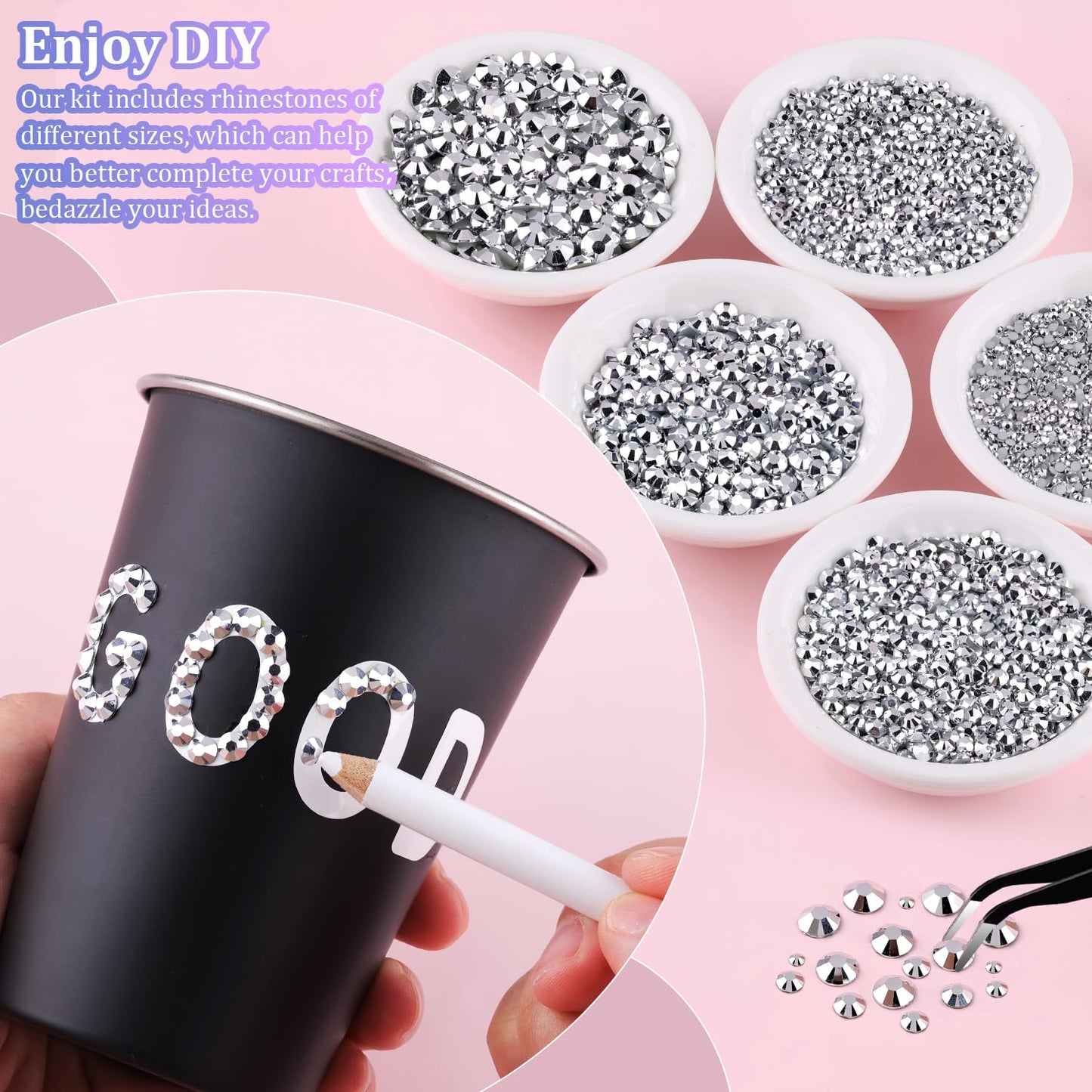 16000Pcs Resin Rhinestones with Tweezers for Crafting, Silver 2-6mm Mixed Sizes Bedazzling Crystal with 3Pcs 10ml B7000 Jewelry Glue for DIY Crafts Clothing Tumblers Shoes Fabric Nail Art