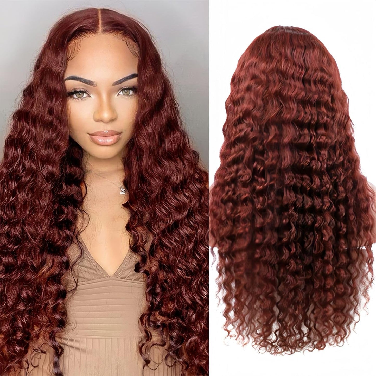 AAKJJ Reddish Brown Deep Wave Lace Front Wigs Human Hair 13x4 HD Transparent Lace Front Wigs for Women Copper Auburn Colored Human Hair Wig Glueless Pre Plucked with Baby Hair 200 Density 24 Inch