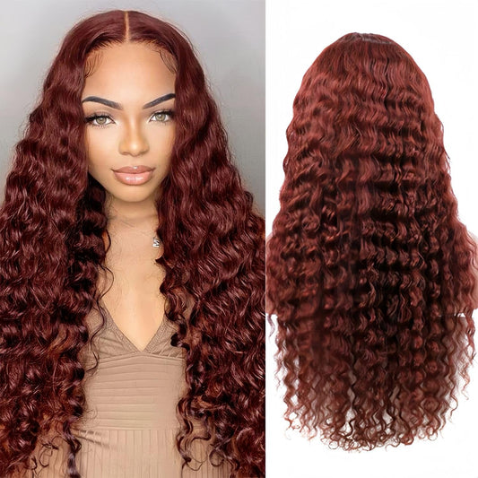 AAKJJ Reddish Brown Deep Wave Lace Front Wigs Human Hair 13x4 HD Transparent Lace Front Wigs for Women Copper Auburn Colored Human Hair Wig Glueless Pre Plucked with Baby Hair 200 Density 24 Inch