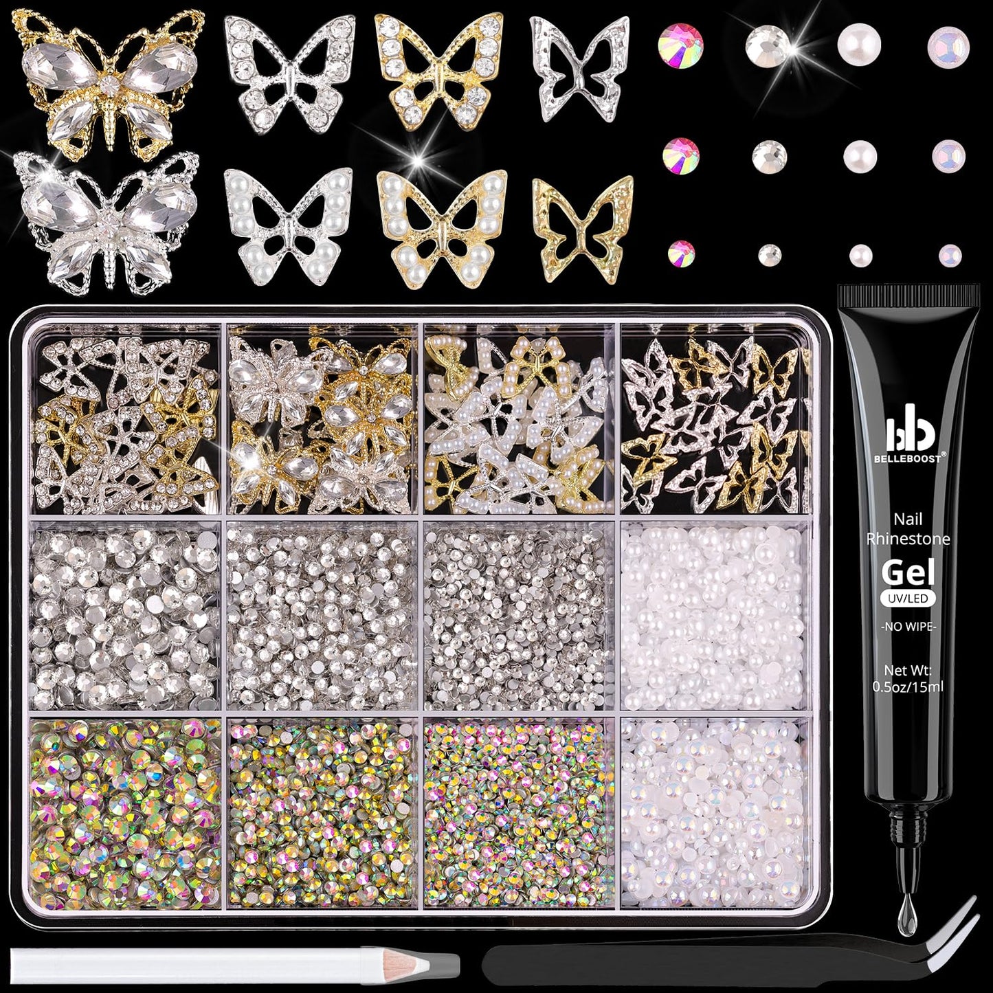 60Pcs 4 Styles 3D Butterfly Nail Charms and Flatback Gems Pearl with Rhinestones Glue Gel, Silver + Gold Shiny Luxury Gems, Crystal Jewels Studs for Nail Design, Nail Art Decor Set for Acrylic Nail