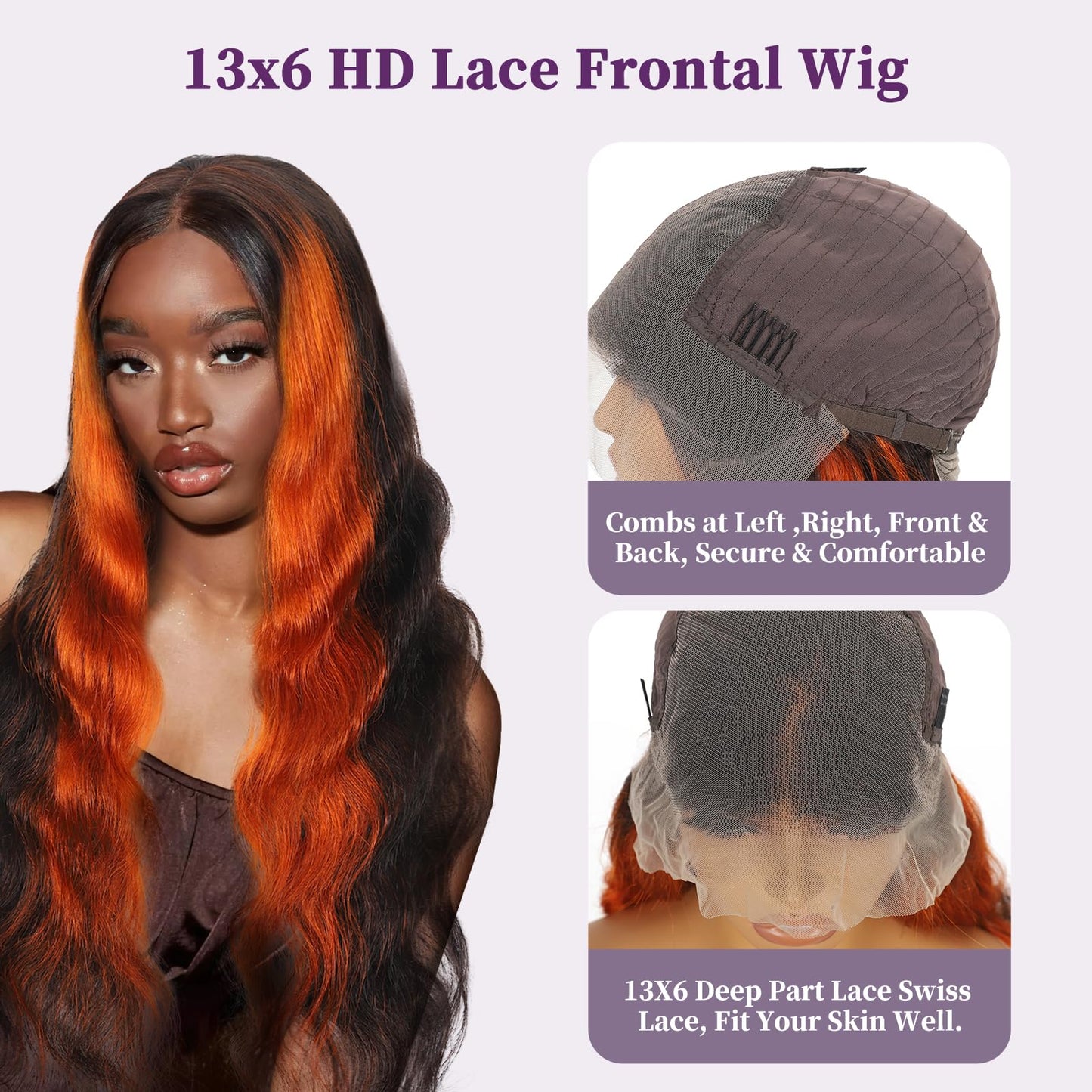 13x6 Ginger Orange Lace Frontal Wigs Body Wave Highlight Ombre Colored Human Hair 13x6 HD Transparent lace wigs Pre-plucked With Baby Hair 200% Density Glueless 100% Virgin Human Hair (26inch)