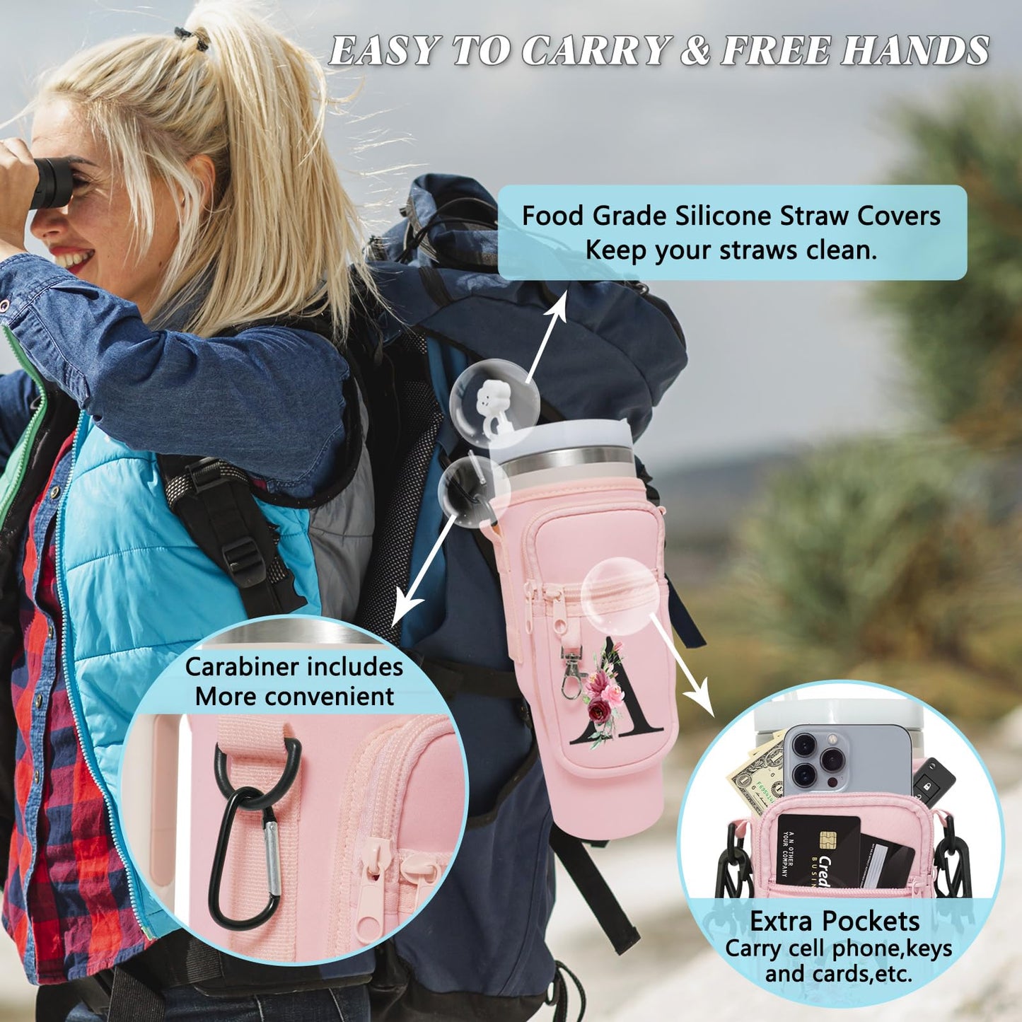 Sunegg Initial Water Bottle Carrier Bag for Stanley 40 oz Tumbler with Handle, Water Bottle Holder Pouch with Phone Pocket, Straw Cover & Carabiner, Nice Accessories for Stanley Cup(Pink S)