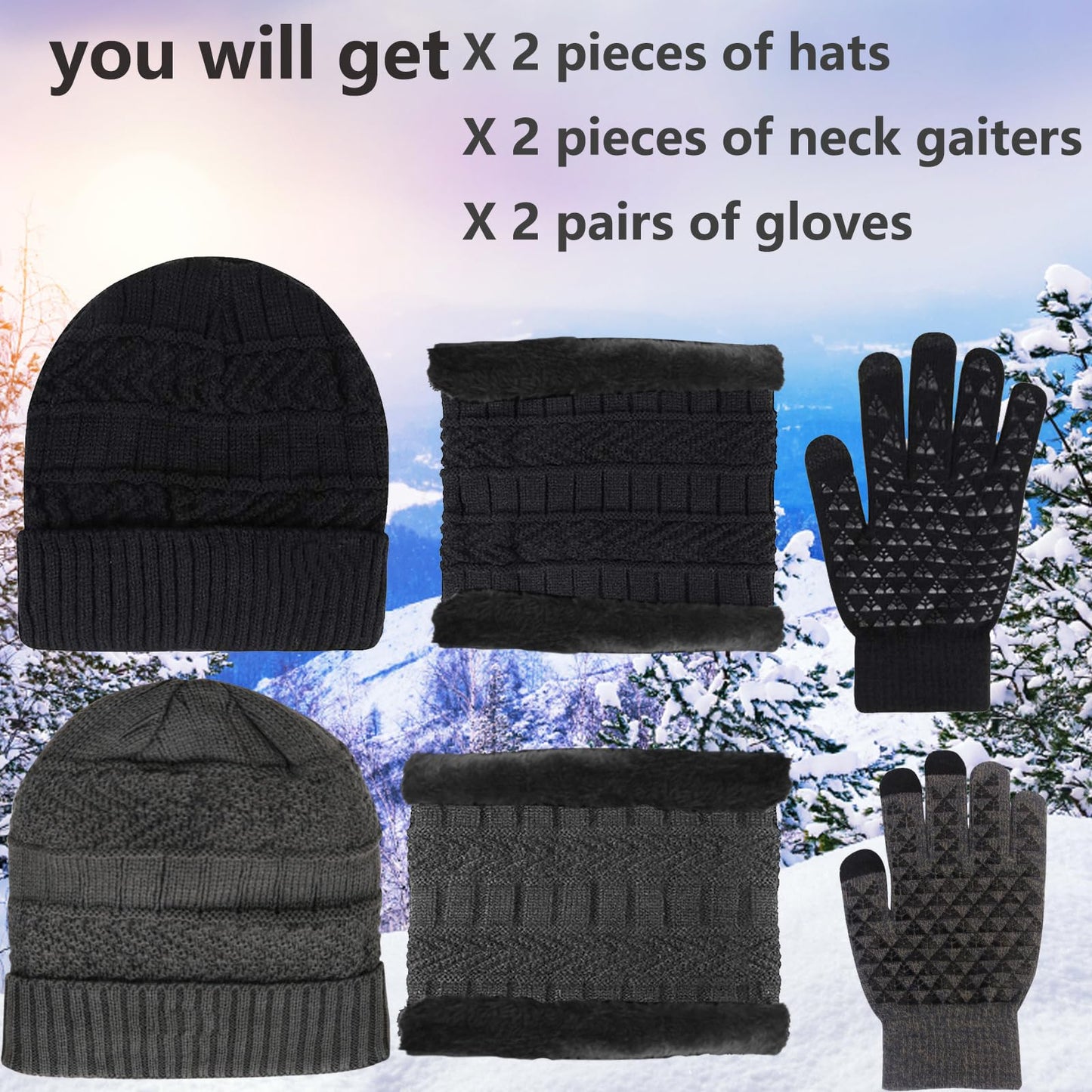 ABUDDER 6 Pieces Winter Beanie Hat Scarf Gloves Set for Men Women,Knit Skull Cap Winter Hat Touchscreen Gloves Neck Warmer Set