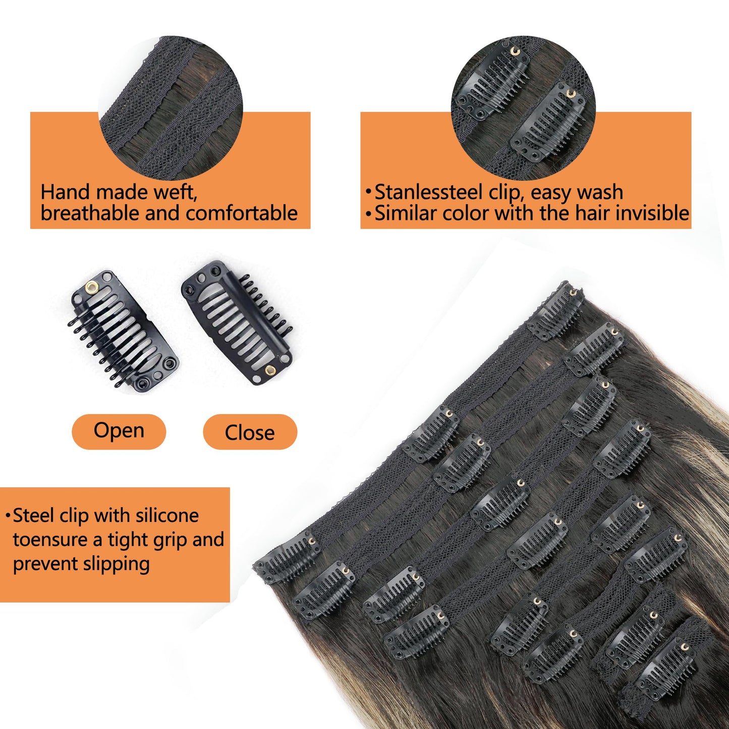 FB27 Highlight Ombre Clip In Hair Extensions Real Human Hair Straight Clip In Black to Blonde Human Hair Extensions Balayage Clip ins Remy Hair for Women 8Pcs with 18Clips Lace Weft 120g 20inch