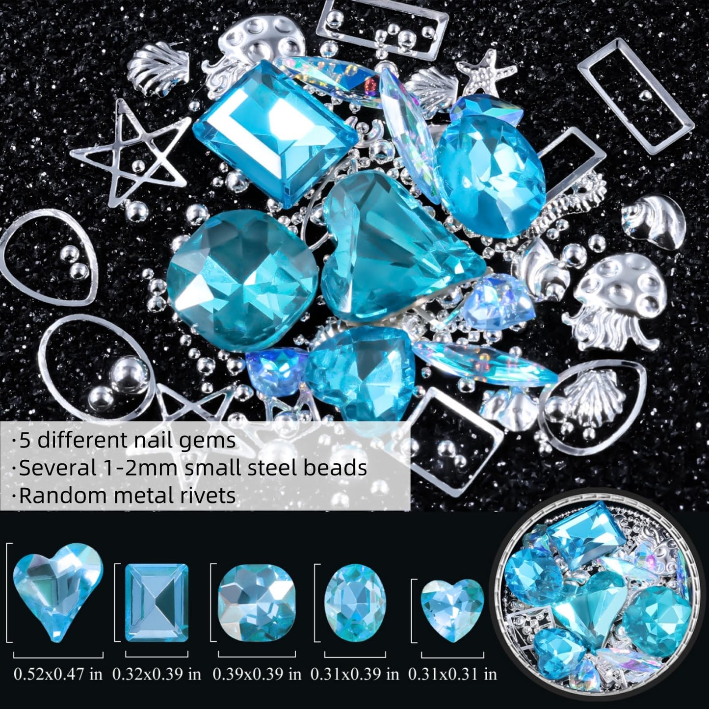 6 Wheels Mixed Sparkle Nail Art Rhinestones Diamonds Crystals Butterfly Beads Artificial Pearls Gold Silver Nail Studs Gems Metal Hollow Rivets Charms (Kit-5)