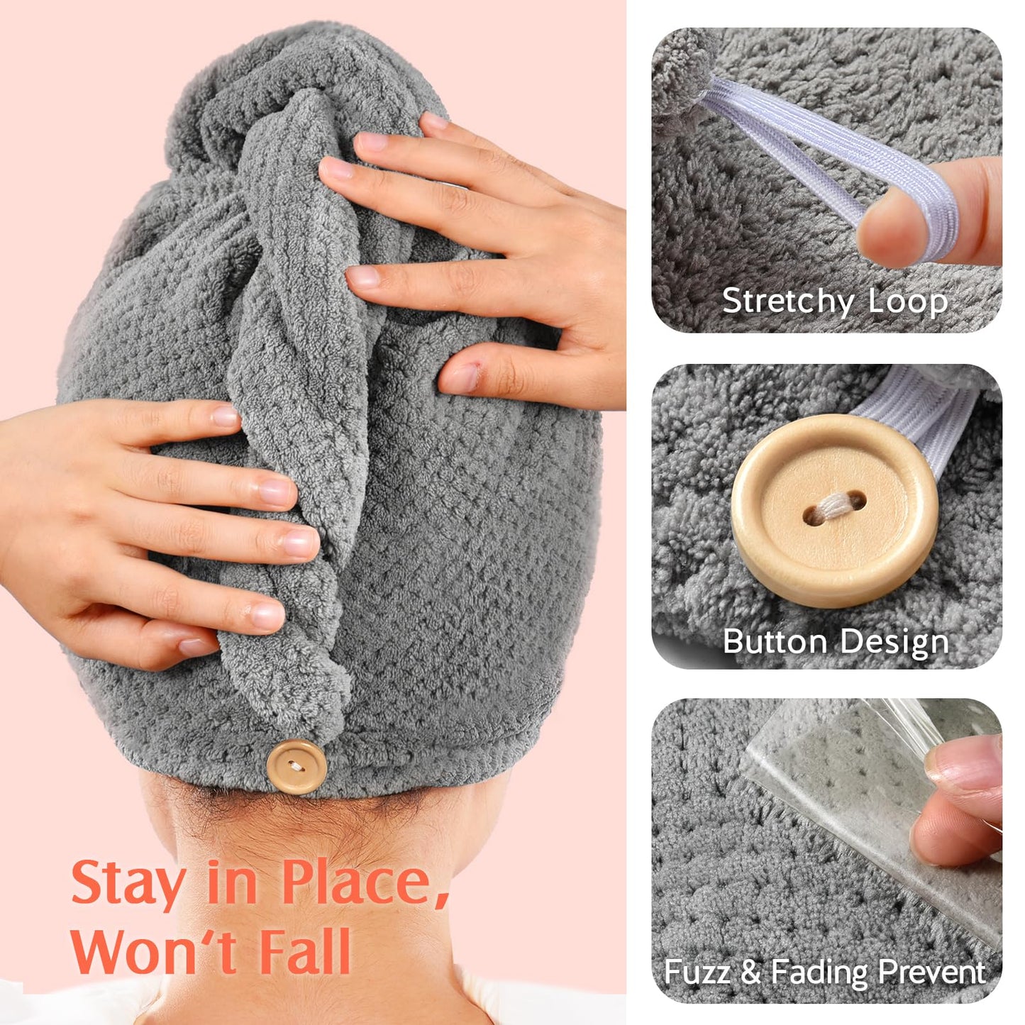 YFONG 2 Pack Microfiber Hair Towel Wrap for Women, Super Absorbent Quick Dry Hair Turban for All Hair Style Anti Frizz, Large Hair Drying Towel with Button