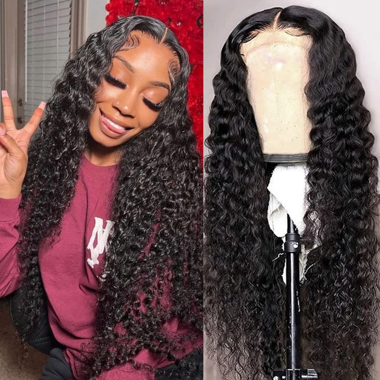 4GIRL4EVER Deep Wave HD Transparent Lace Front Wigs Human Hair Pre Plucked 180% Density 4X4 Glueless Lace Closure Human Hair Wigs for Black Women with Baby Hair Natural Color (24 Inch)