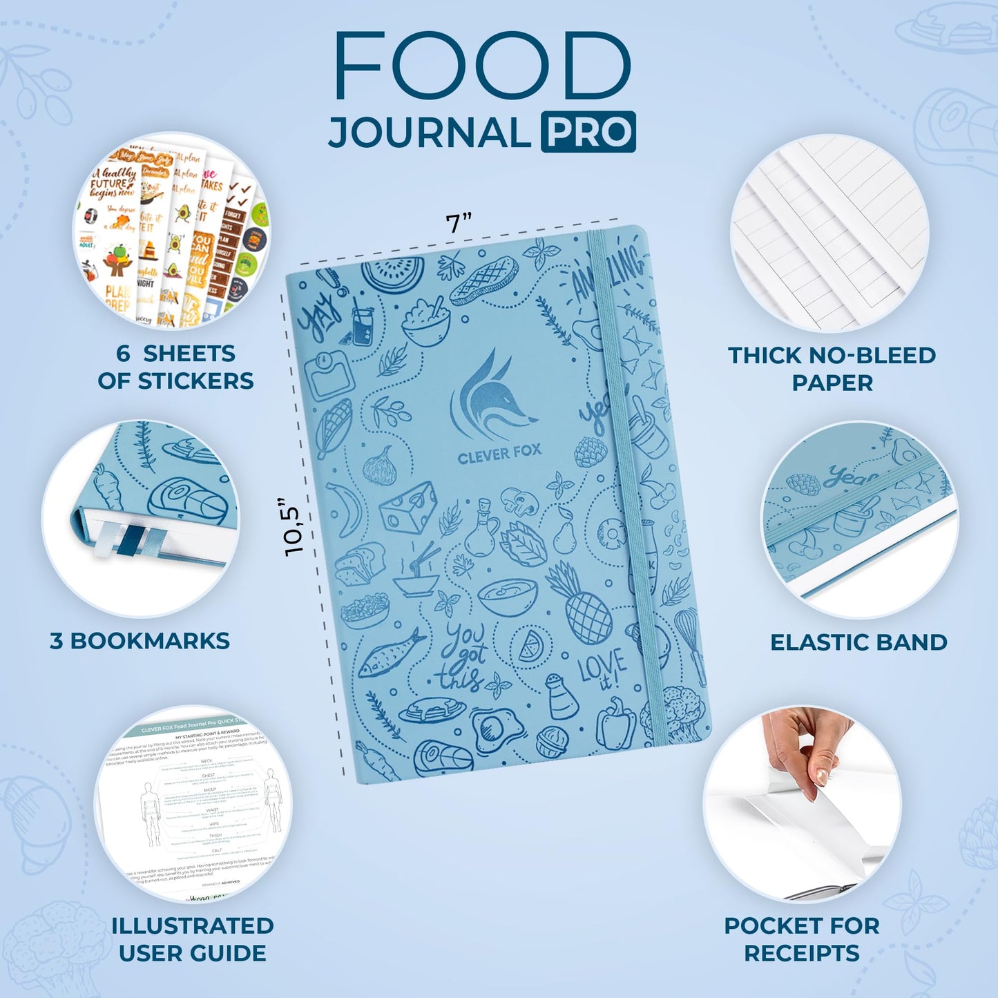 Clever Fox Food Journal Pro – Diet & Wellness Planner for Women & Men – Weight Loss Diary with Calorie Tracker – Food Log for Tracking Meals, Exercise & Weightloss - Undated, 7" x 10" Light Blue