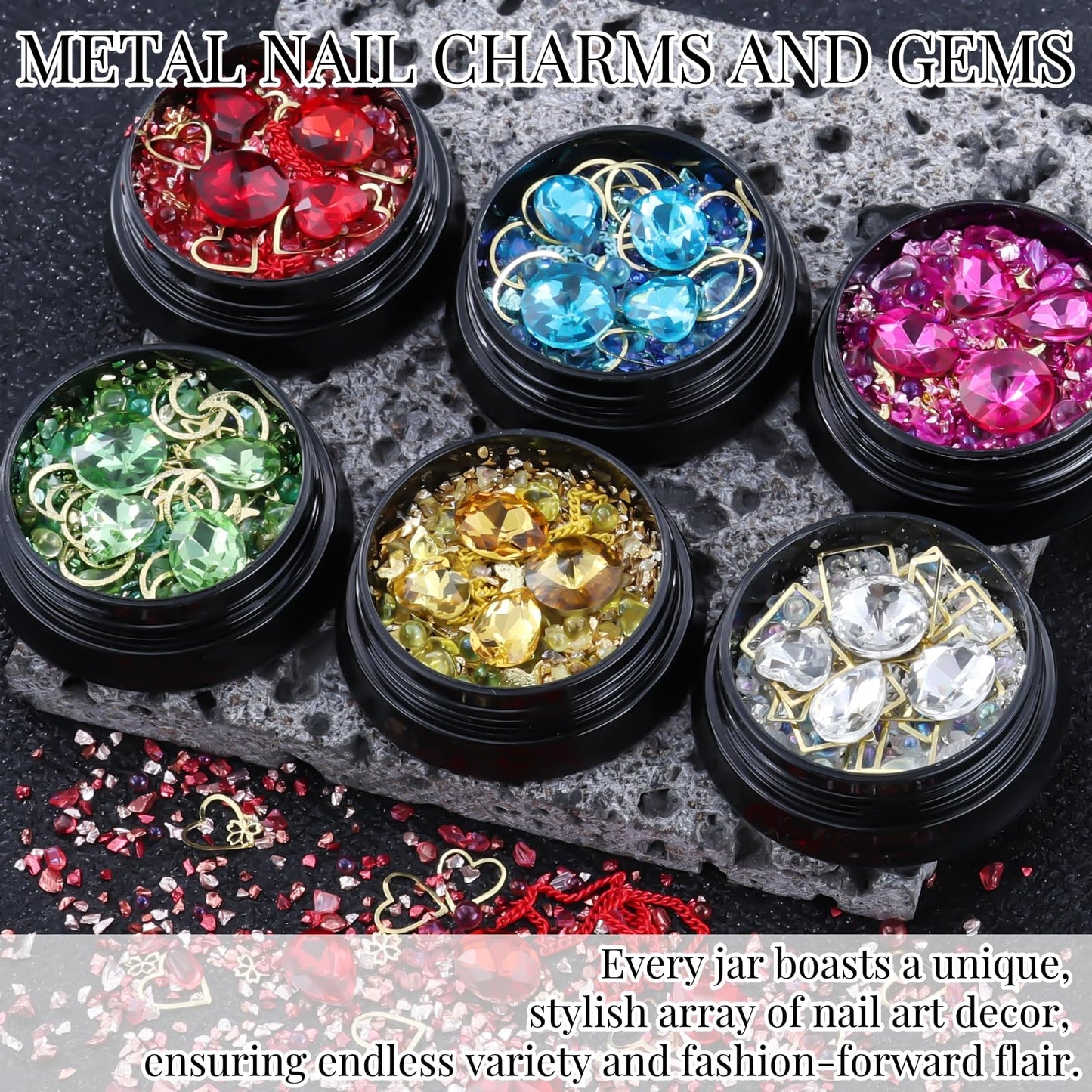 6 Wheels Mixed Sparkle Nail Art Rhinestones Diamonds Crystals Butterfly Beads Artificial Pearls Gold Silver Nail Studs Gems Metal Hollow Rivets Charms (Kit-3)