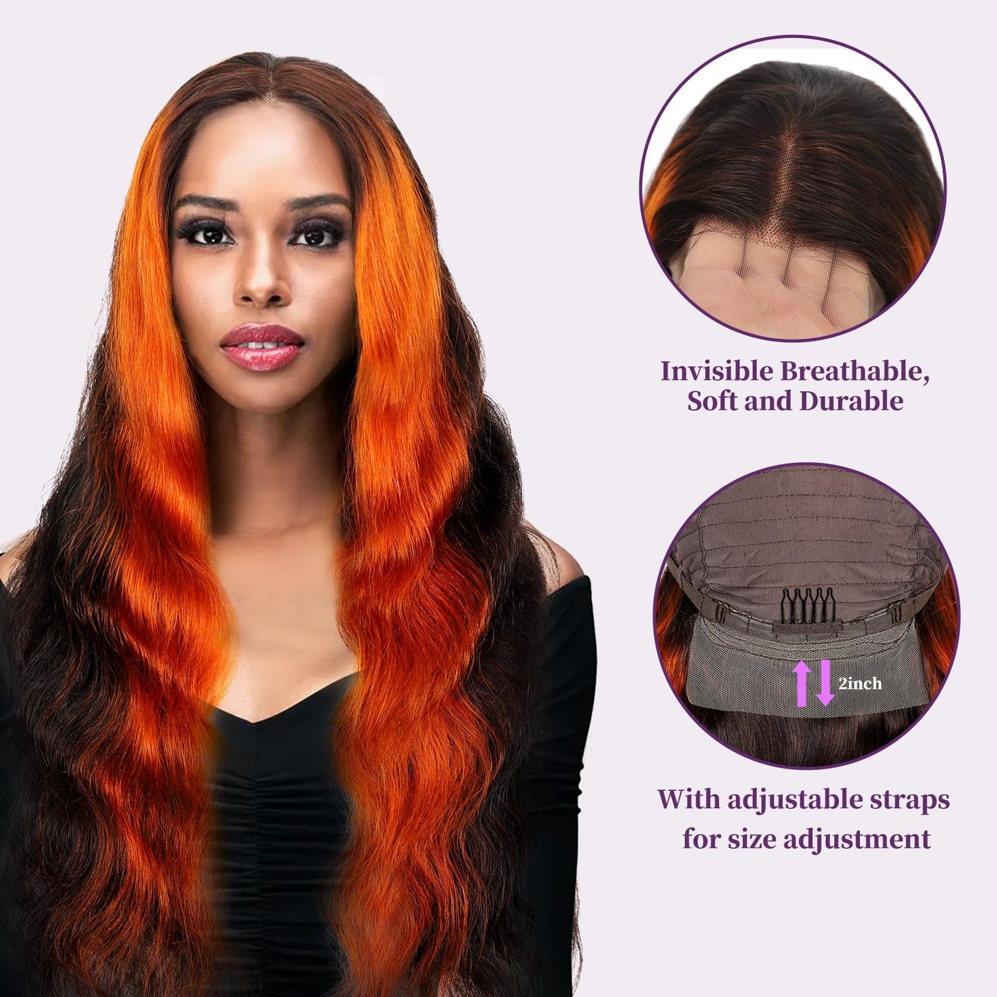 13x6 Ginger Orange Lace Frontal Wigs Body Wave Highlight Ombre Colored Human Hair 13x6 HD Transparent lace wigs Pre-plucked With Baby Hair 200% Density Glueless 100% Virgin Human Hair (26inch)